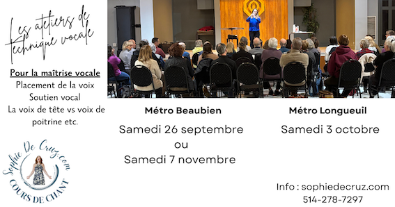 Une présentation ou un atelier de technique vocale avec un public assis. Affiche promotionnelle pour des ateliers de maîtrise vocale, avec dates en septembre et novembre, et coordonnées.