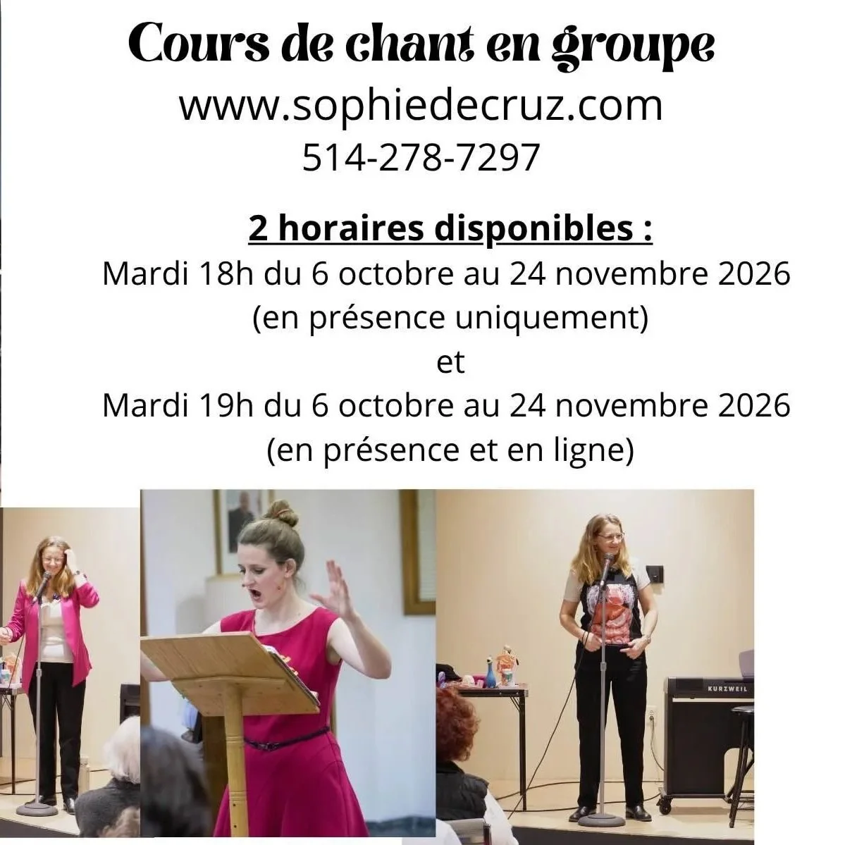 Cours de chant en groupe mardi de 18 h à 19 h du 6 octobre au 24 novembre 2026