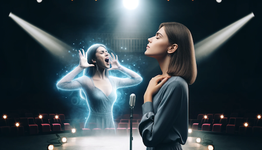 Une femme chante au micro en stand devant un public, une apparition lumineuse d'une autre femme chantant dans une salle de spectacle