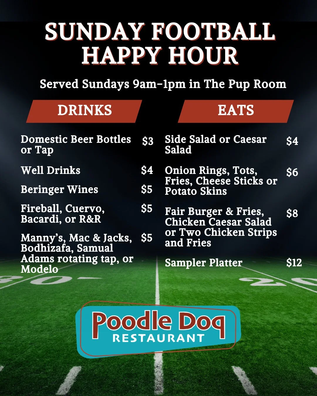 Join us for Sunday Football Happy Hours! 🏈⁠
⁠
Every Sunday from 9am&ndash;1pm in the Pup Room, we&rsquo;re kicking things off with Happy Hour specials on your favorite drinks and eats. Grab a seat, catch the game, and cheer on your team with us!