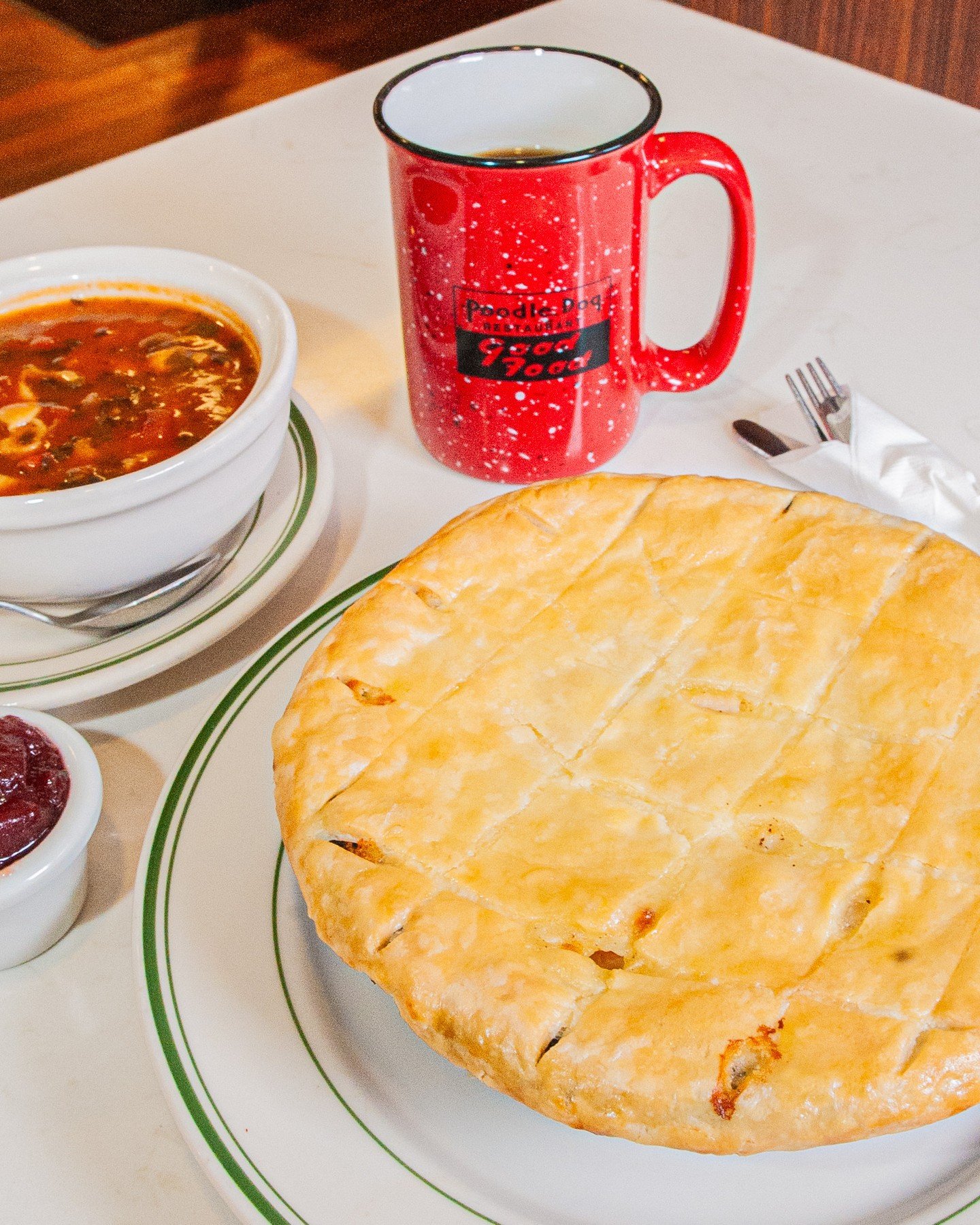 Turkey Pot Pie, soup, and hot coffee. Now that&rsquo;s the perfect combo for a chilly day! 🥧☕️🍂