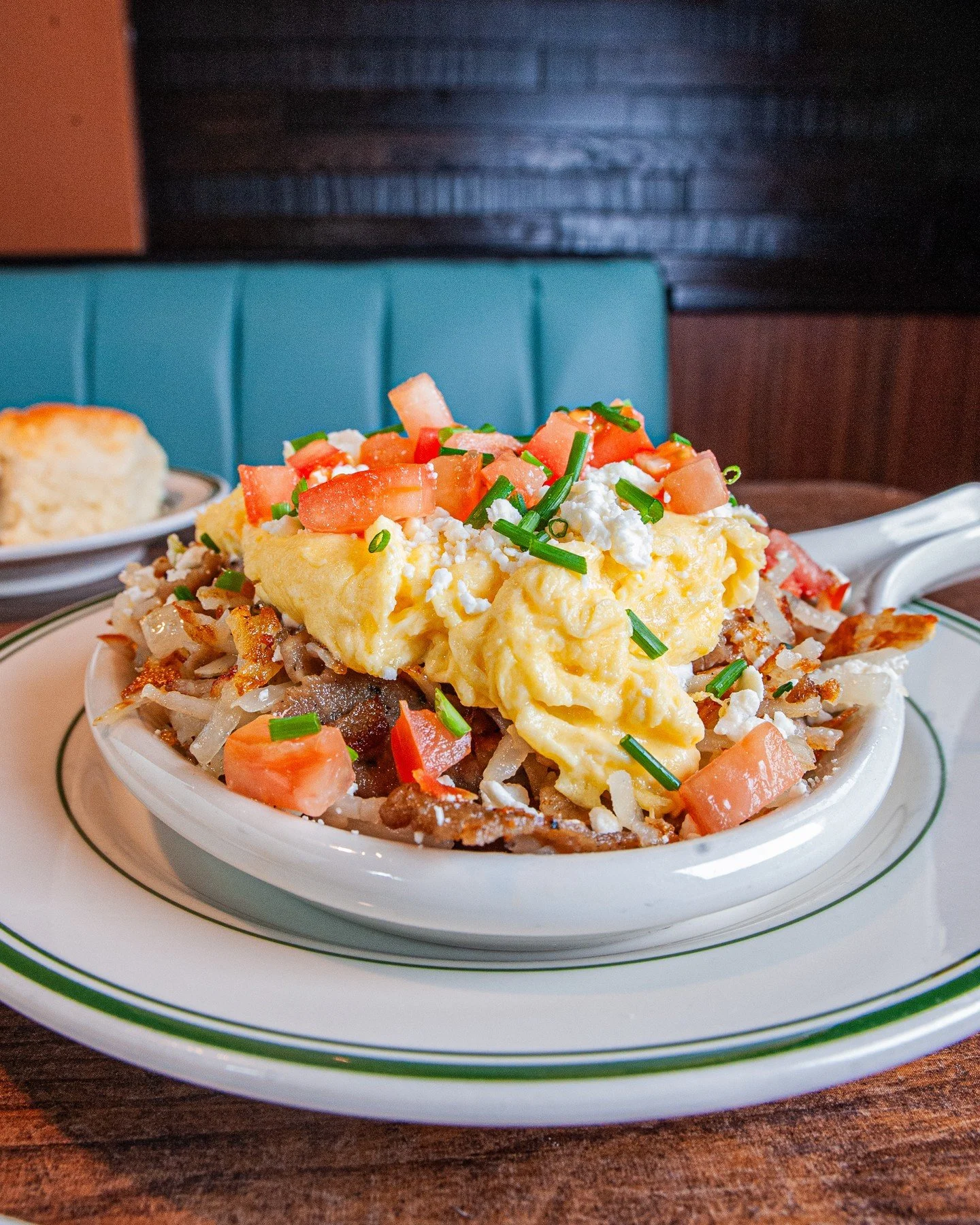 Come fill up on our seasonal Mediterranean Skillet!⁠
⁠
Crispy hash browns covered with peppers, onions, gyro meat and tzatziki sauce topped with two scrambled eggs, feta cheese, diced tomatoes and chives.