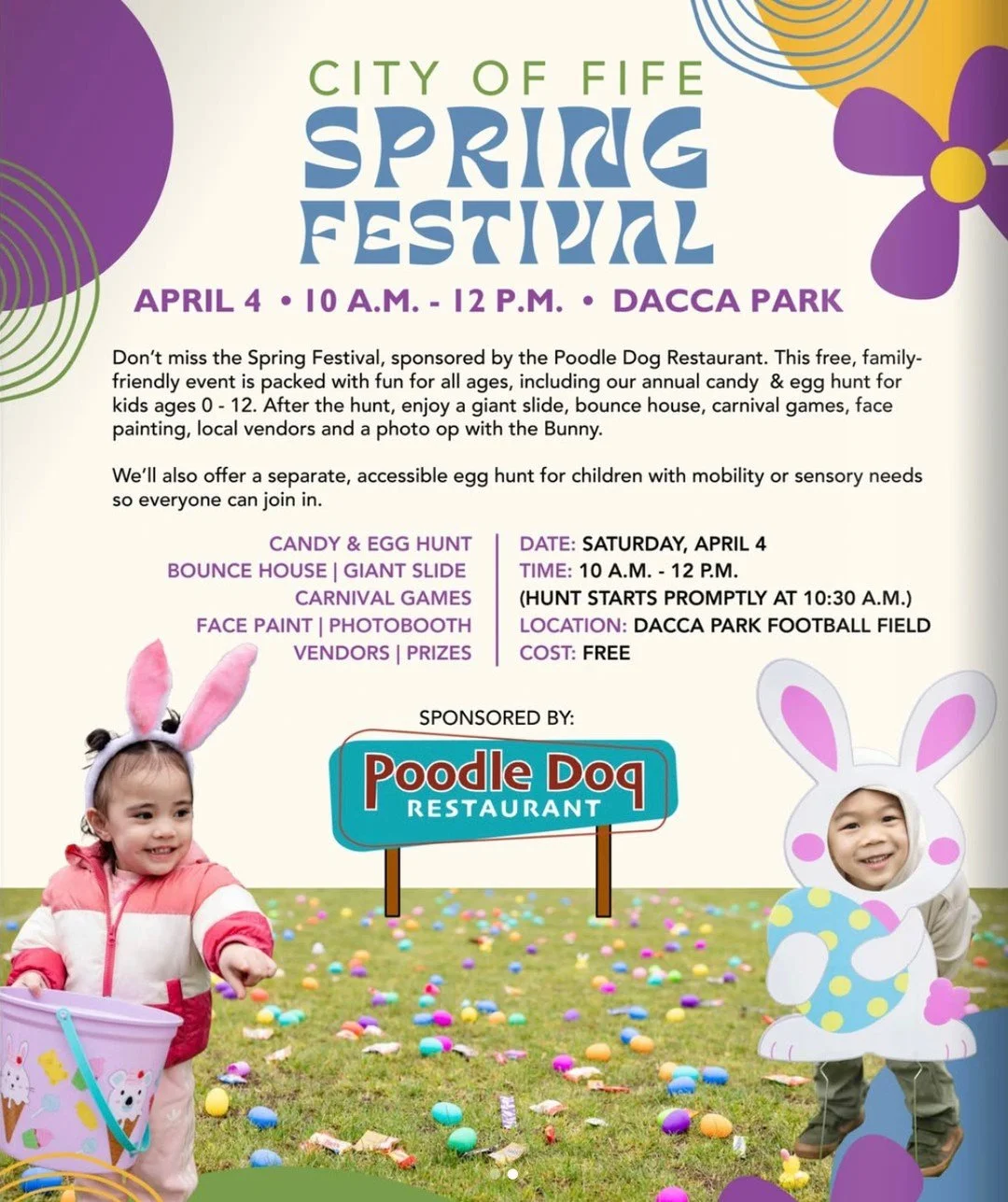 We can't wait for Fife's annual Spring Festival and Egg Hunt on Saturday!⁠
⁠
Join us on April 4th from 10 a.m. to 12 p.m. at Dacca Park for a morning full of springtime fun and make sure to stop by our booth for games, a Poodle Dog coupon while suppl