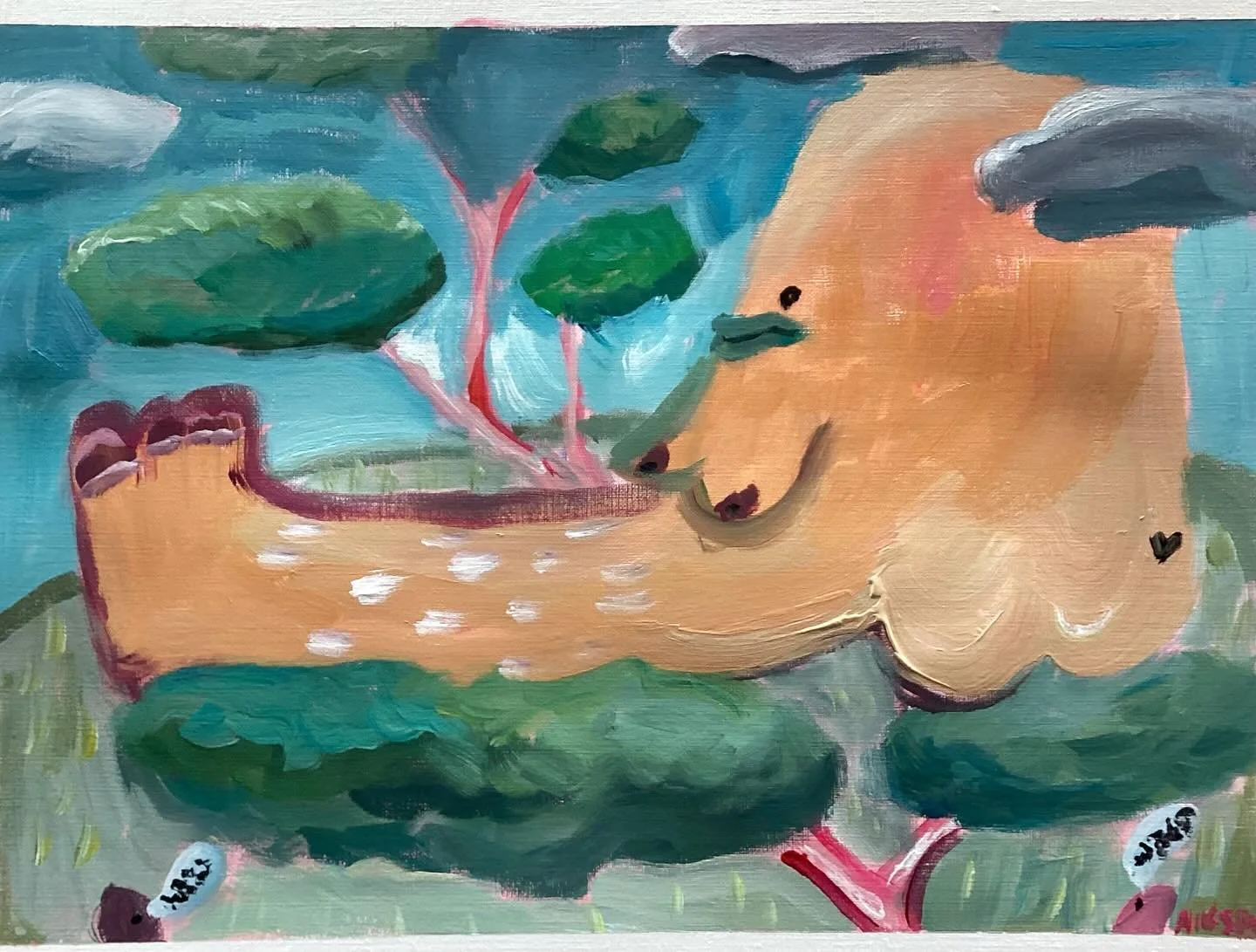 Hiding From Mom and Dad
Acrylic on Canva Paper
12&rdquo; x 16&rdquo; 
2024