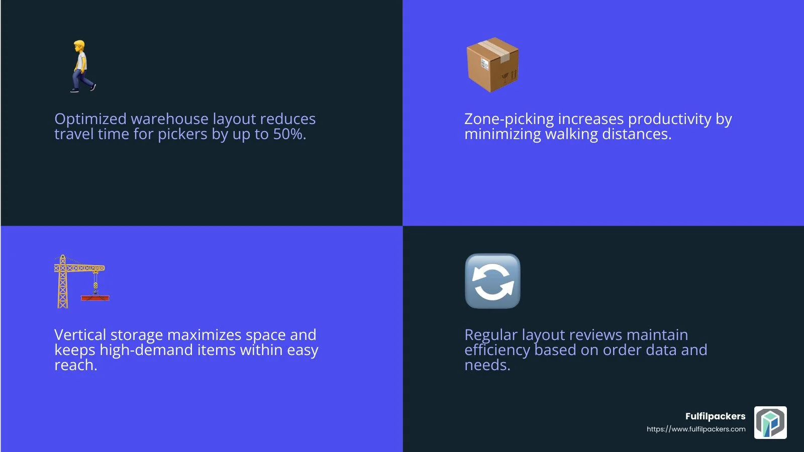 Optimized warehouse layout reduces travel time for pickers by up to 50% - order fulfillment optimization infographic 4_facts_emoji_blue
