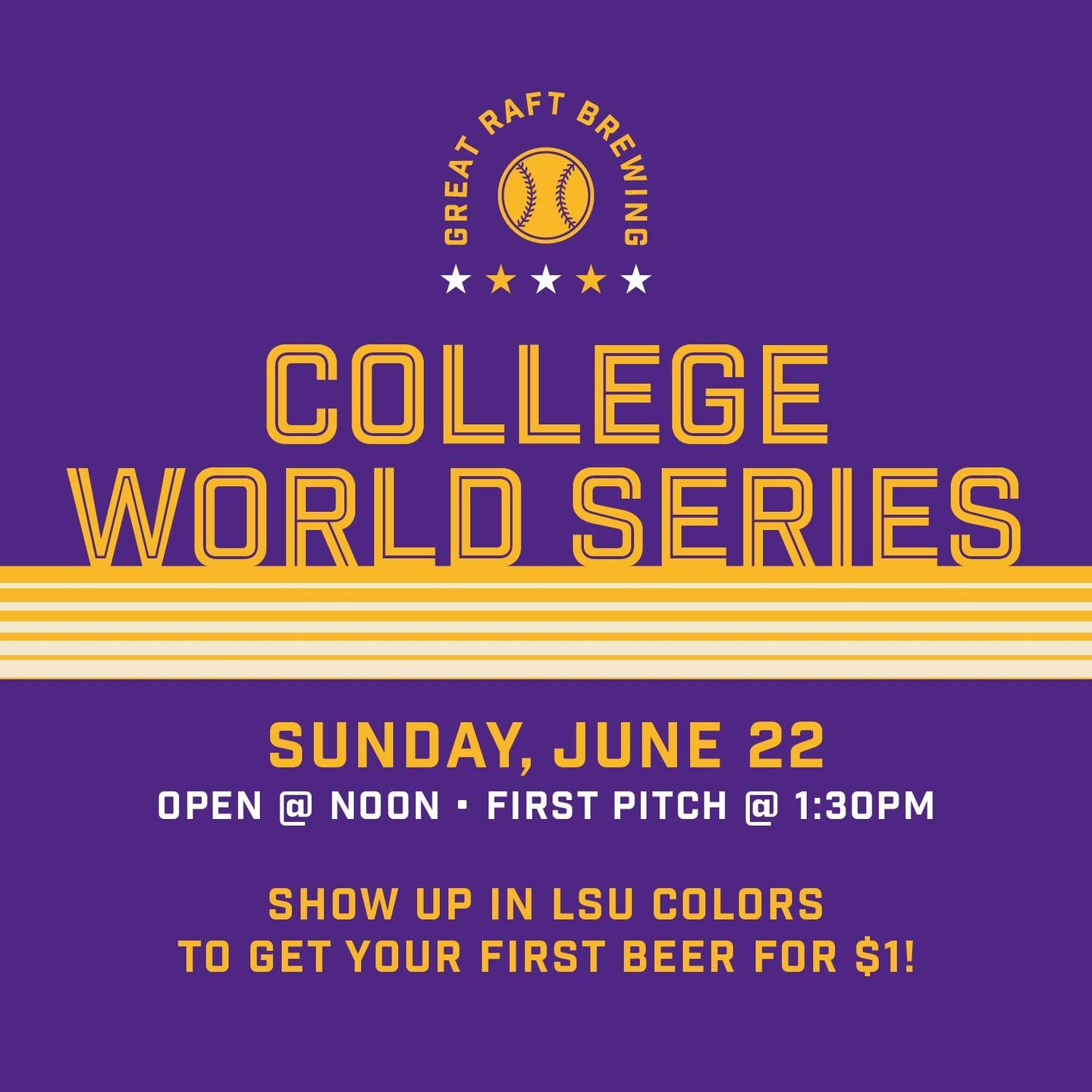 Special Sunday hours for the College World Series. 

LSU is playing Sunday at 1:30 pm. We'll be open, pouring beers, and cheering for the Tigers. Wear your purple and gold to get your first beer for a buck!

@Taqueria_flores_la will be on site servin