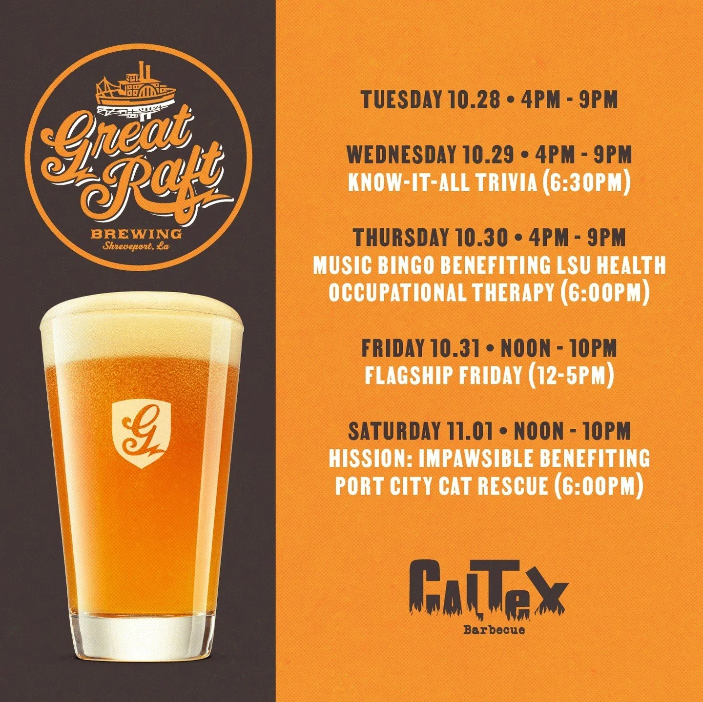 🎃 👻 All treats, no tricks. And two opportunities to join us for a good cause this week.
.
🎵 Thursday - music bingo benefitting @lsuhs_ot_program
.
😸 Saturday - trivia benefitting @portcitycatrescue