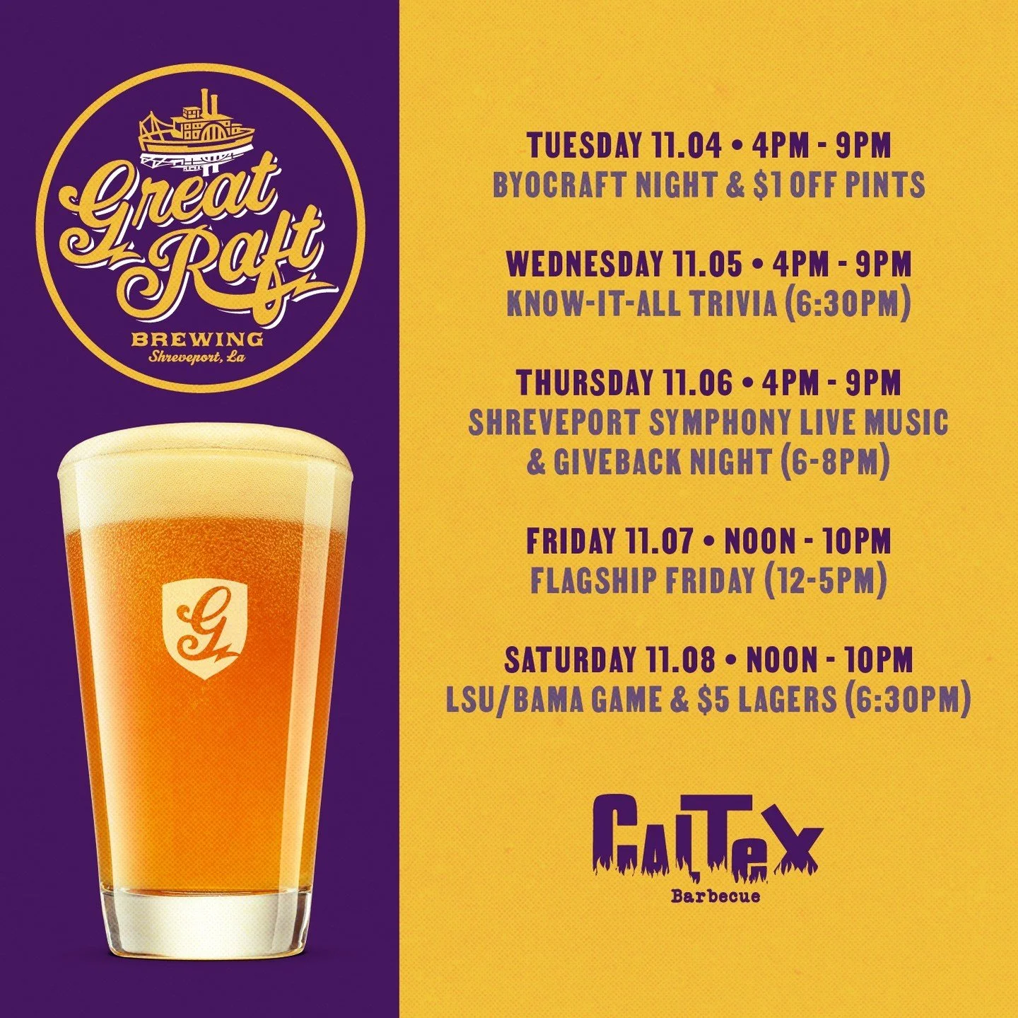 It's going to be a fun week at GRB. We are kicking off a month-long trivia tournament this Wednesday (stay tuned for details in a separate post). The @shreveportsymphony is back with live music in the Tasting Room on Thursday. There will be lots of g