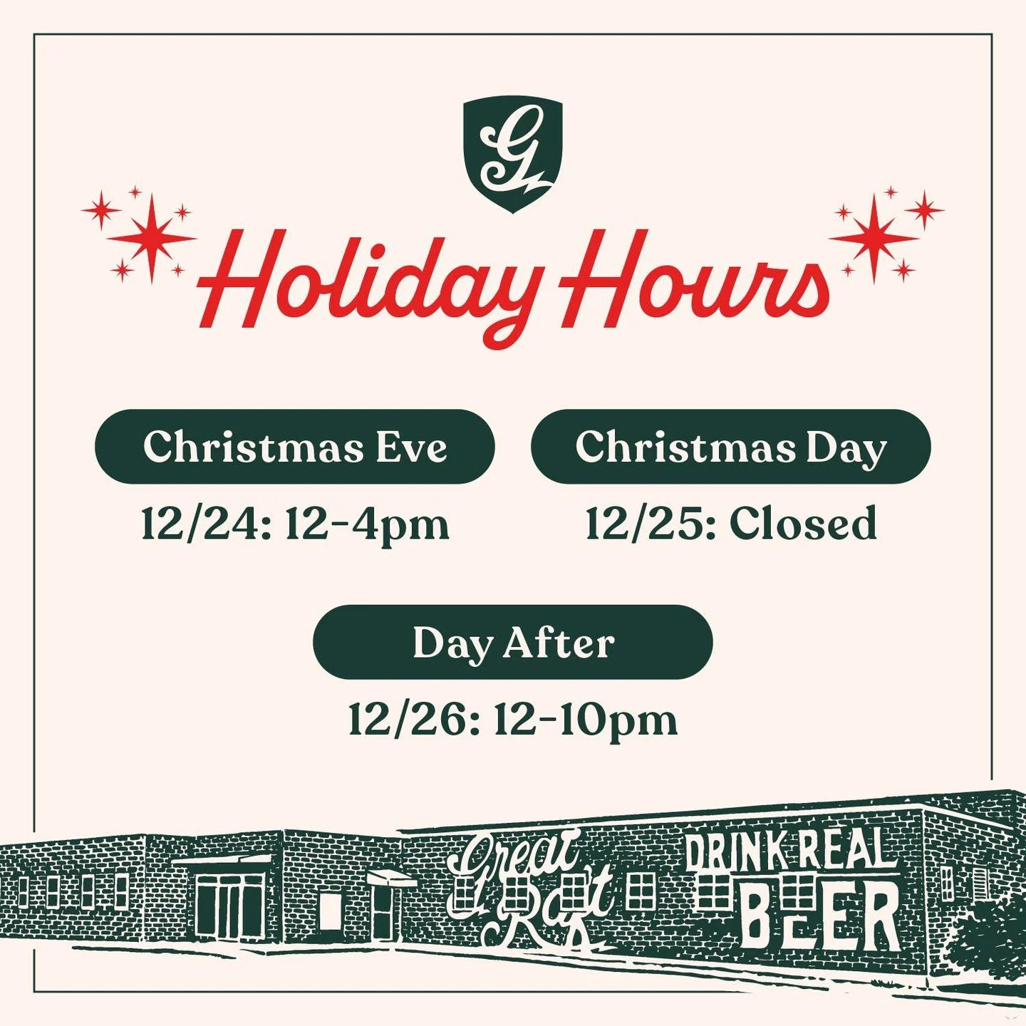 🎄 Holiday Hours 🎄

We&rsquo;ve got slightly modified hours this holiday&mdash;check the graphic for details.

🏃&zwj;♀️ Saturday: Open at 9 AM for the Holiday Hangover Hustle 5K
🔒 Closing at 4 PM for a private event

🍻 See you soon!