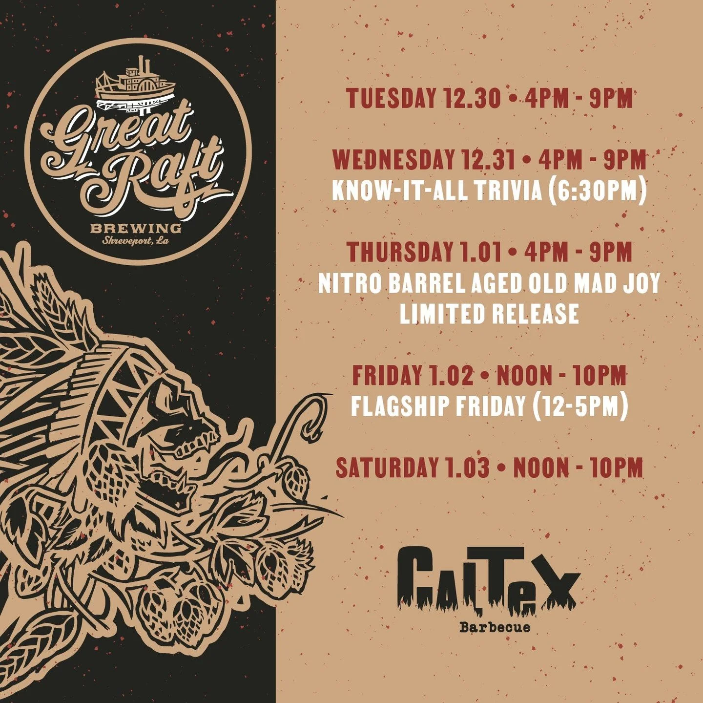 Is it Tuesday? Saturday? Who knows. 

What we do know:
🍺 Open regular hours all week
🎉 Yes, even New Year&rsquo;s Day
🛍️ 25% off all to-go beer