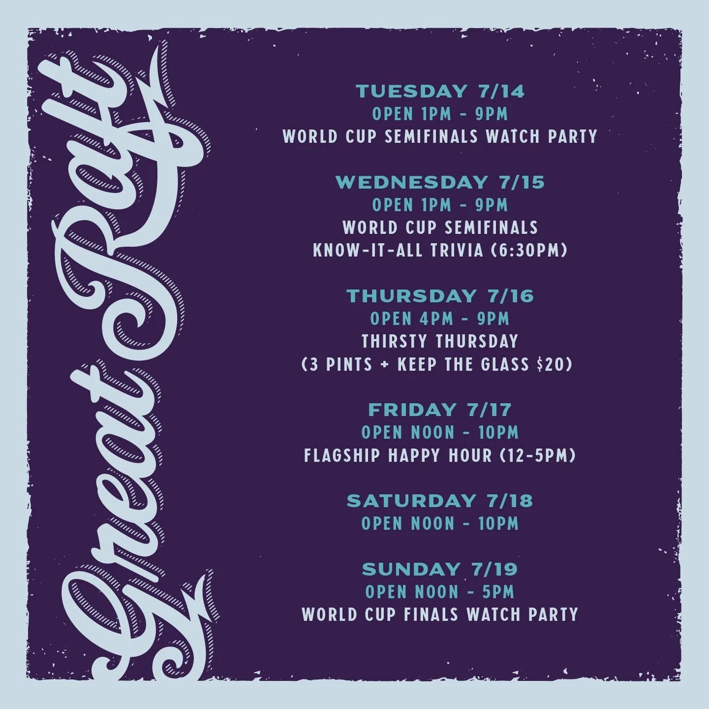 ⏰ Your excuse to leave work early this week has arrived.

⚽ We're opening at 1 PM Tuesday &amp; Wednesday for the World Cup semifinals.
🍺 $4 pints of 318 Golden Ale during remaining games.
🏆 We'll also be open Sunday at 1 PM for the championship ma