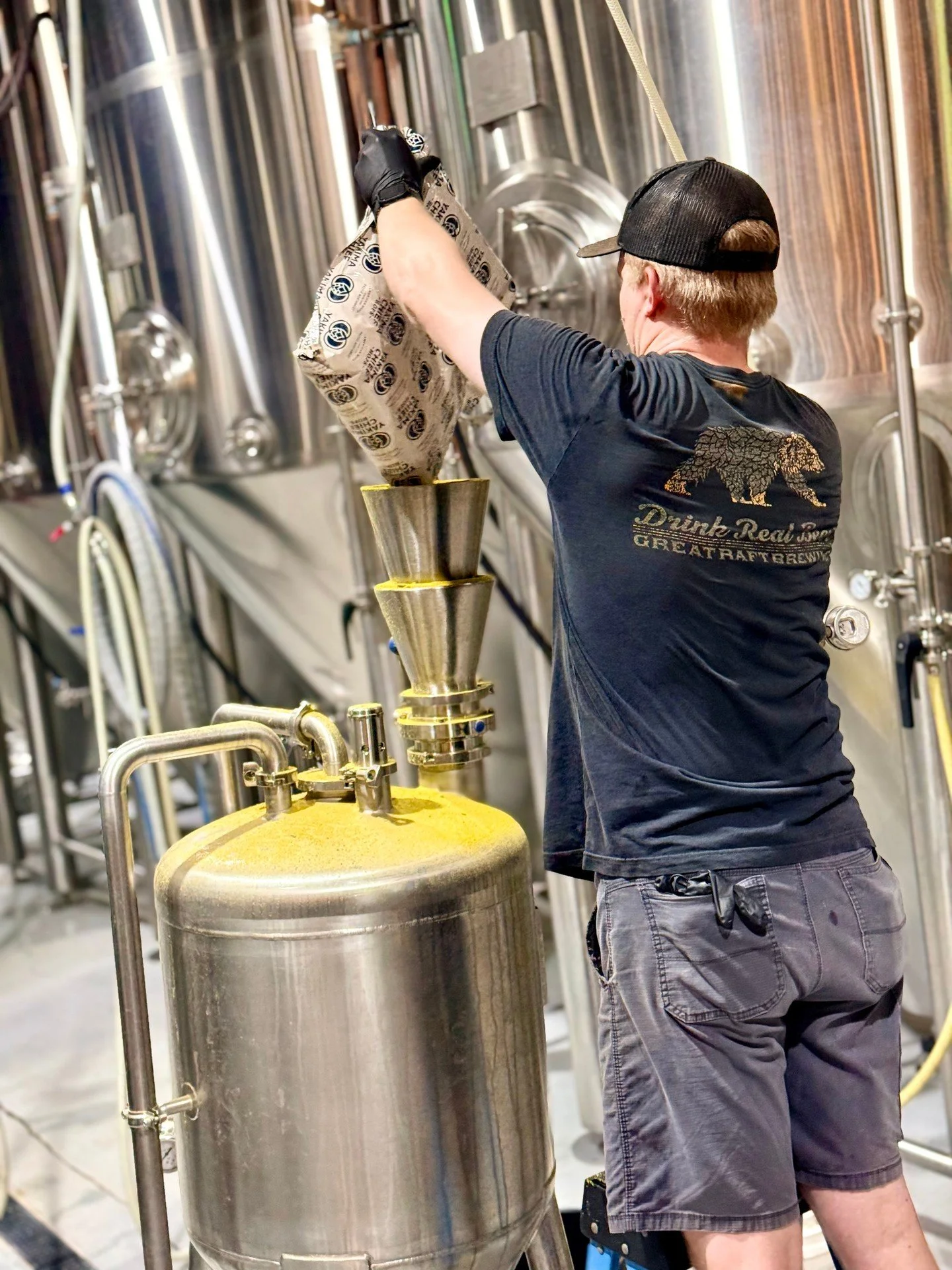 Another day, another dollar, another dry hop. 

Adding hops to the tank at the end of fermentation maximizes their aroma and flavor. Zak is loading up the hop rocket to shoot fresh Citra hops into a young batch of Commotion. It will be ready for ya' 