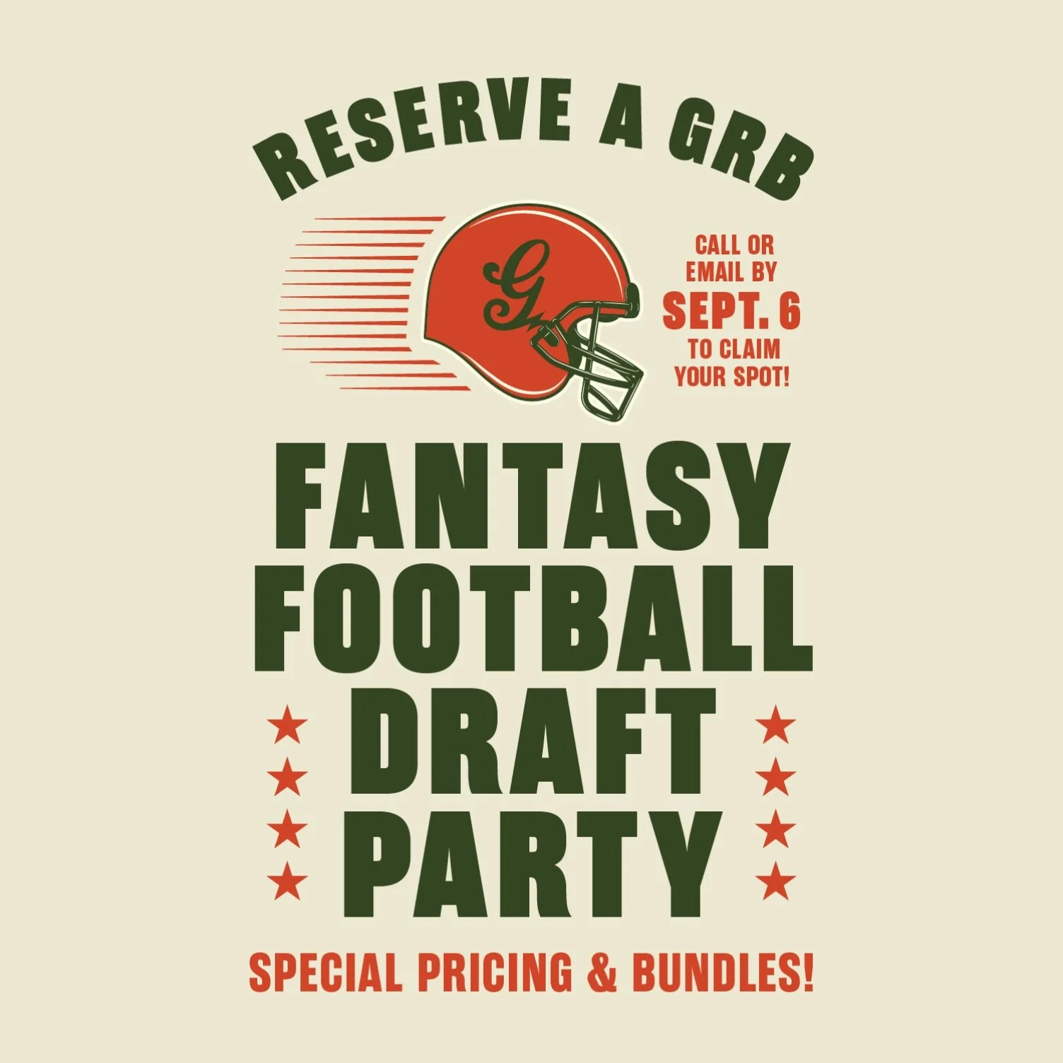 Skip the cramped living room and draft your team at Great Raft Brewing! 🍺

Our Fantasy Football Draft Package gives your league everything you need to draft, drink, and make those questionable late round picks.

🏈$50 / Two Hours in a private space 
