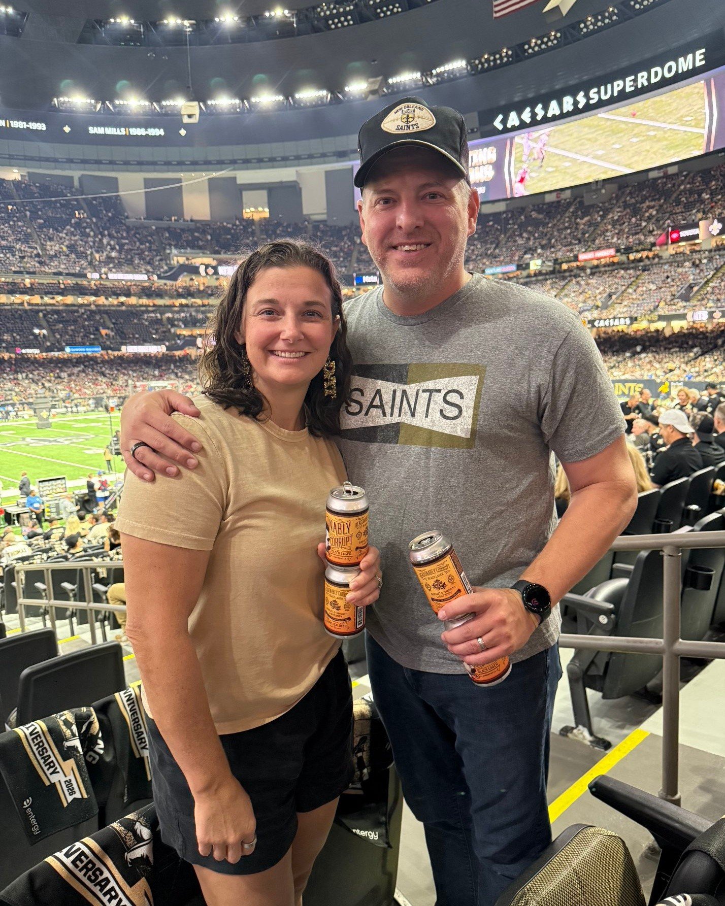 15 years ago, Lindsay asked Andrew to make her a homebrewed black lager. Today, Great Raft and the City of Shreveport are represented at the Superdome in New Orleans.  Cheers and Go Saints!
