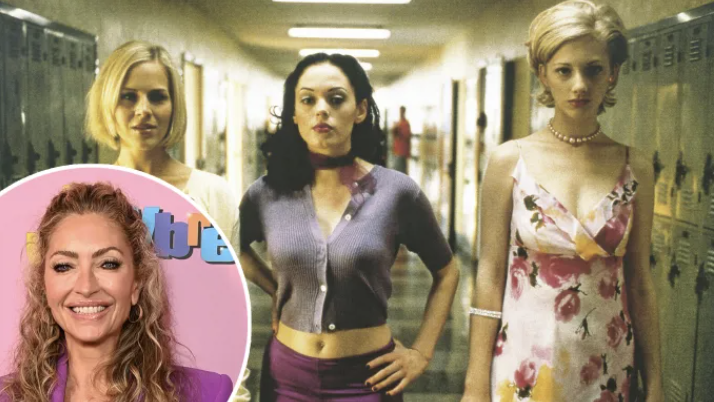Two teenage girls walking down a school hallway with lockers on both sides. One girl has black hair and is wearing a purple cropped cardigan and purple skirt, while the other girl has blonde hair and is wearing a floral dress and pearl necklace.