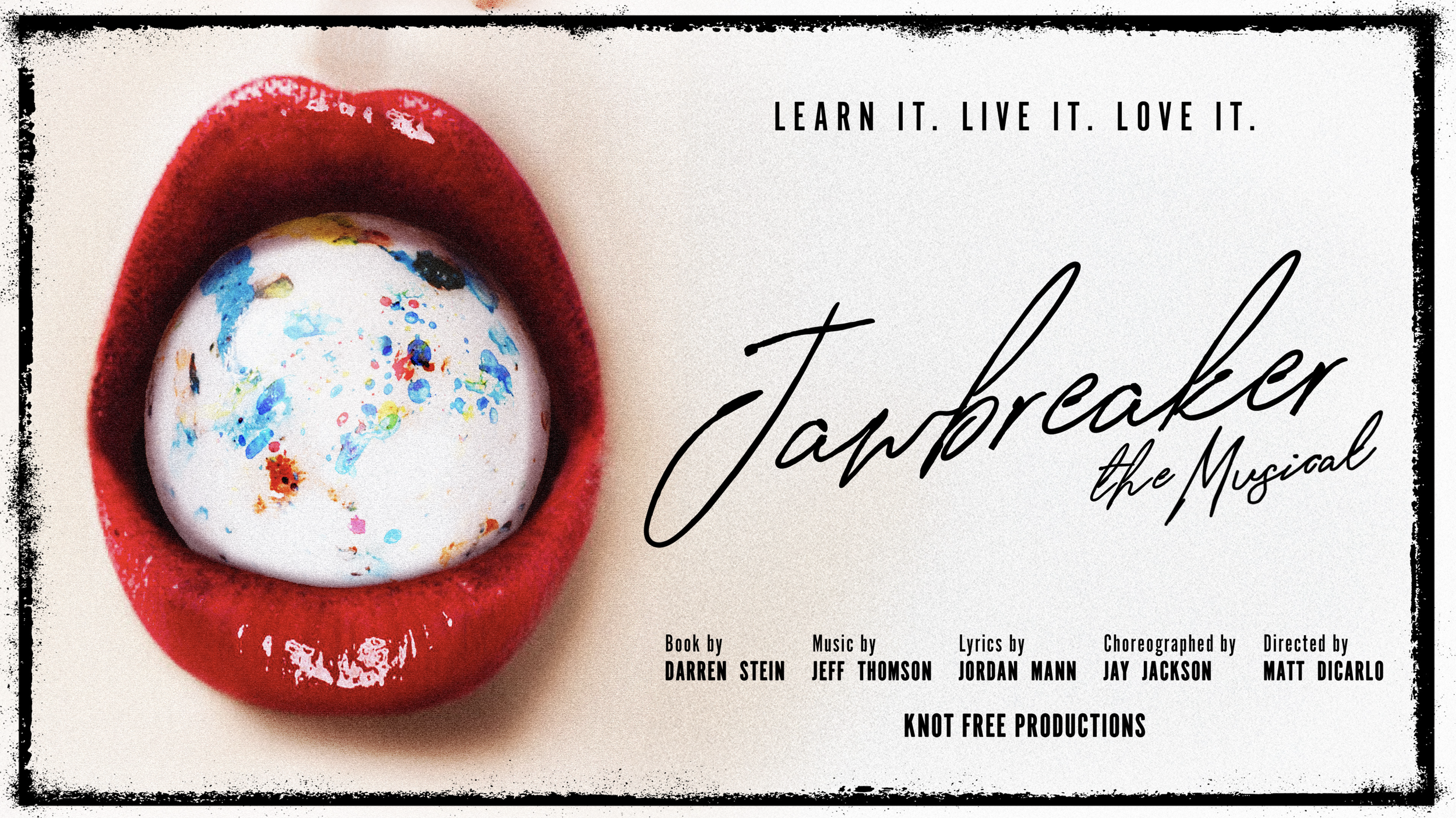 Promotional poster for the musical 'Jabberwocky' featuring a red mouth with lips open, revealing a colorful, splattered egg inside. The poster includes the tagline 'Learn it. Live it. Love it.' and lists the creative team including Darren Stein, Jeff Thomson, Jordan Mann, Jay Jackson, and Matt Dicarlo.