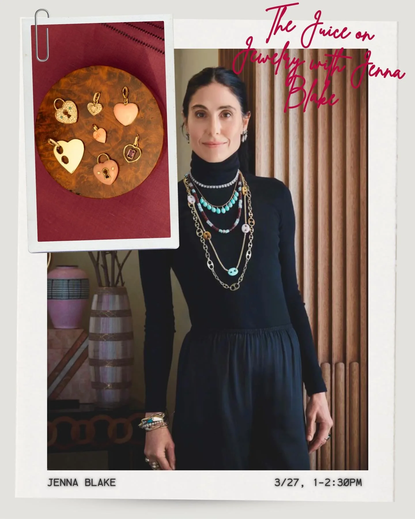 Join us this Friday to get the Juice on Jewelry with @jennablakejewelry 🤍 Hear about her work as a founder &amp; jewelry designer, create your own pieces at the @_gigis_jewels charm bar, and enjoy a fresh juice from @juicepress

Friday, March 27
1:0