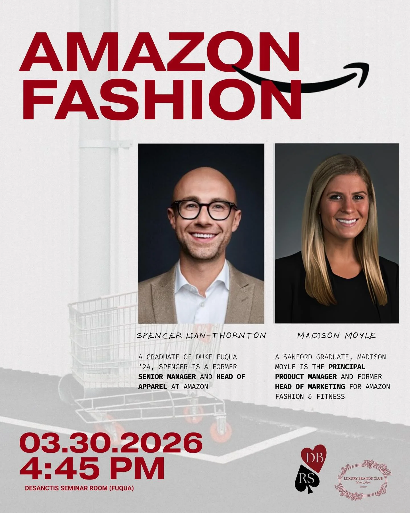 Join us TODAY at 4:45 PM in the DeSanctis Seminar Room (Fuqua) for our Amazon Fashion event featuring Spencer Lian &amp; Madison Moyle. Hear insights on brand strategy, consumer marketing, career growth, and more. 

We can&rsquo;t wait to see you the