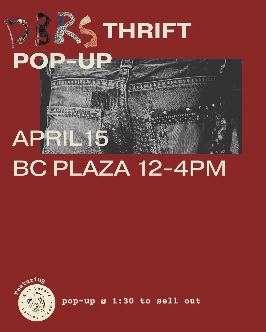 TOMORROW! DBRS Thrift Pop-Up returns with curated vintage, a members&rsquo; closet clean-out, and exclusive treats from @alabanane.bread.

April 15 
BC Plaza 
12&ndash;4PM

See you there!