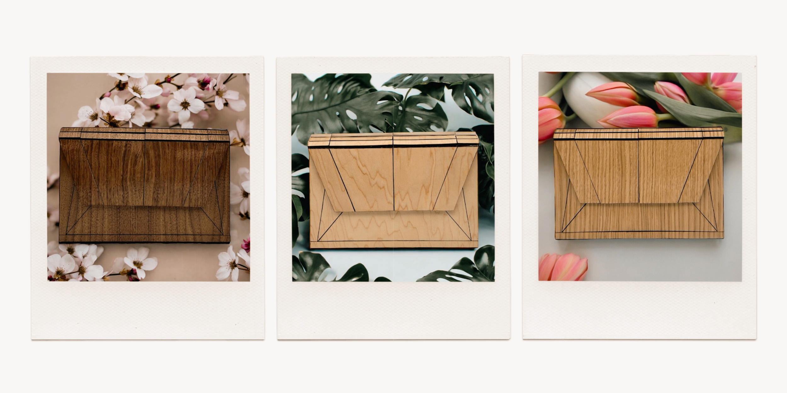 Three polaroid-style photos of wooden boxes on patterned backgrounds with flowers.