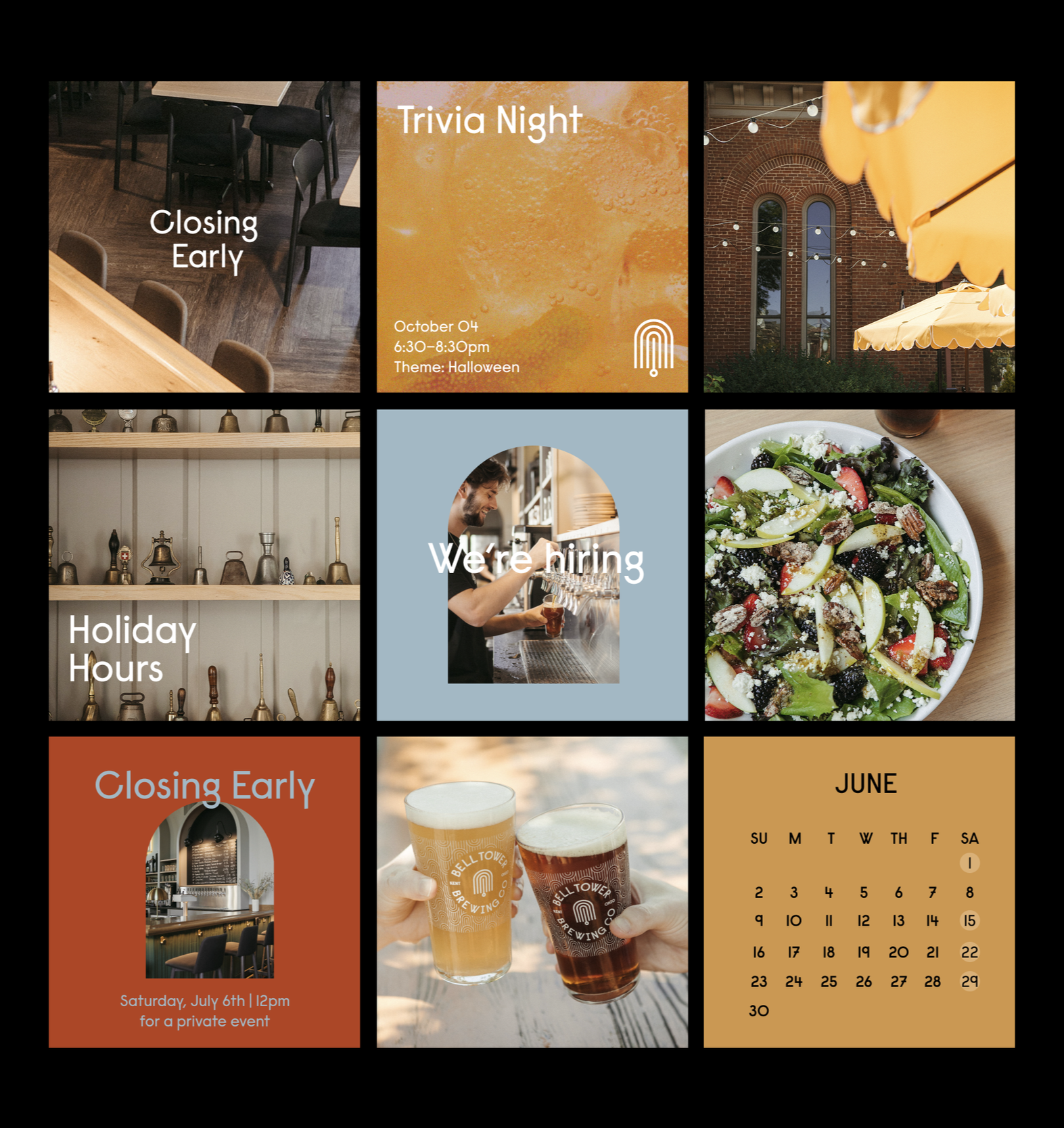 A grid of ocial media posts for Belltower Brewing Co. on a black background.