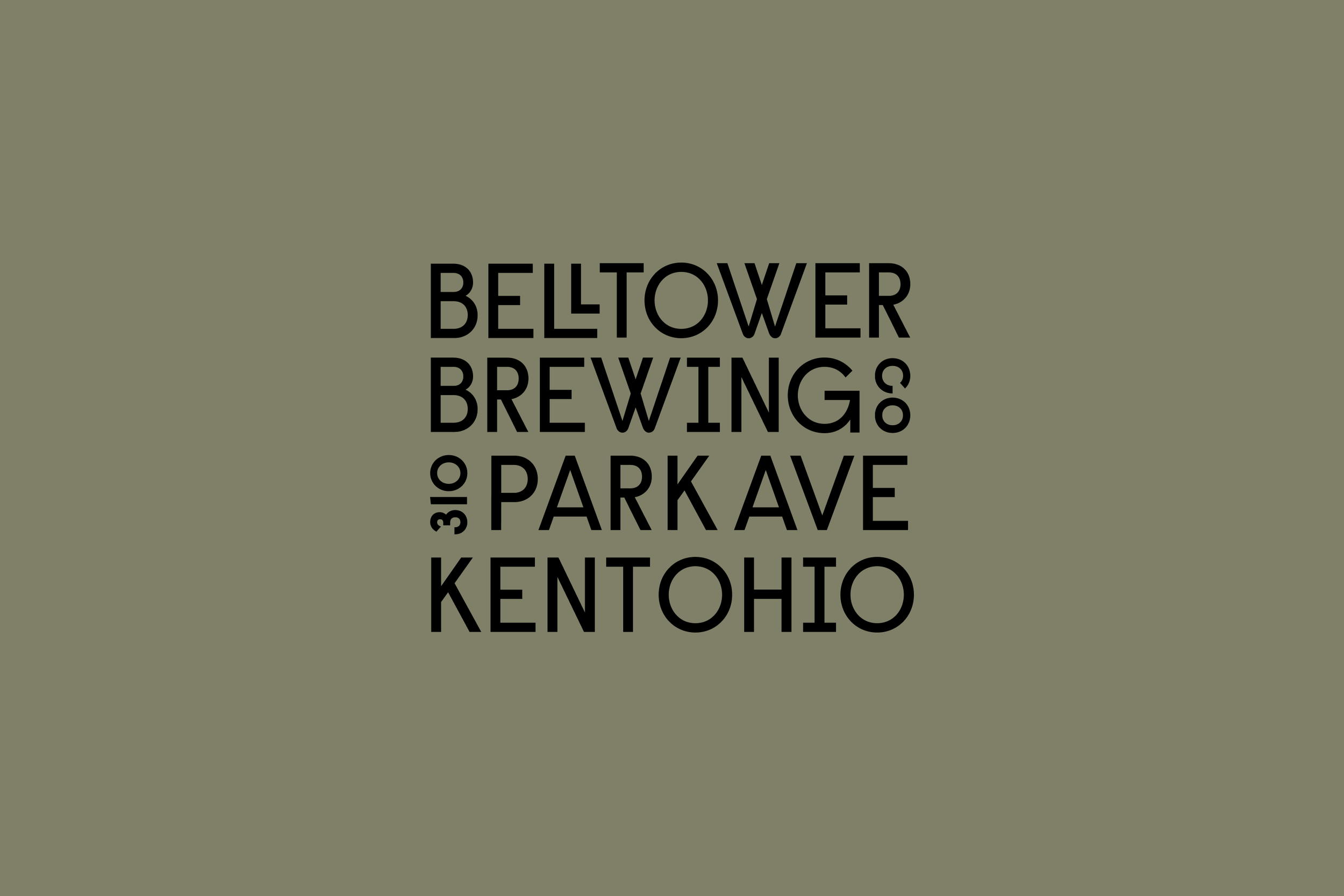 Logo lock up for BellTower Brewing Reading "Belltower Brewing Co 310 Park Avenue Kent Ohio" on a green background.
