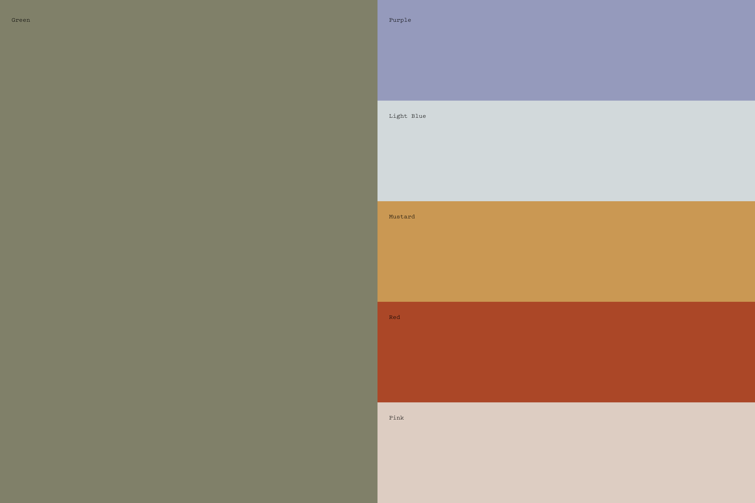 A color palette with six large rectangular swatches labeled from top to bottom: Green, Purple, Light Blue, Mustard, Red, Pink.