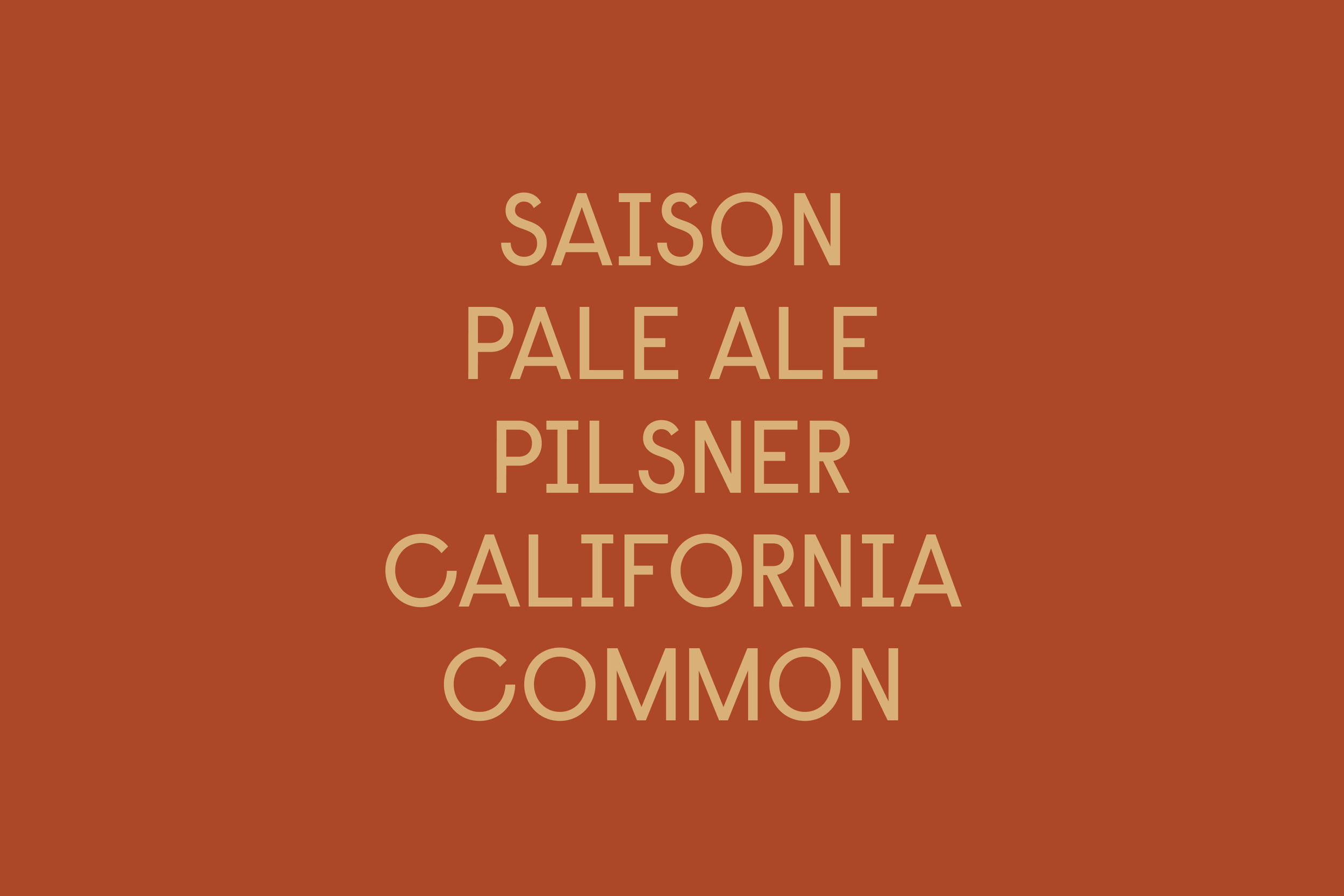 A list of beer types including Saison, Pale Ale, Pilsner, California Common, and others on a brown background.