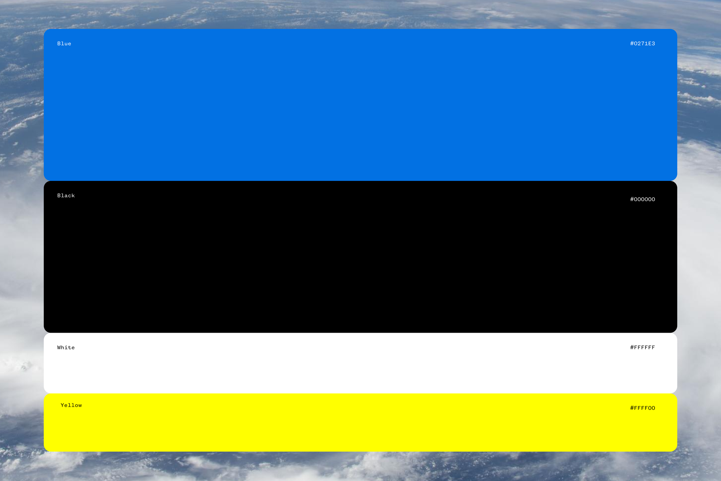 Four horizontal color swatches in blue, black, white, and yellow with their respective color names and hex codes, overlaid on an image of Earth's atmosphere from space.