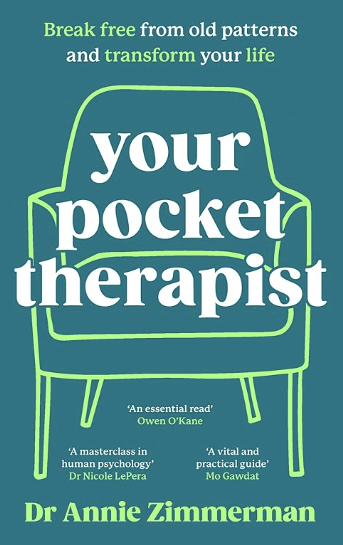 Book cover of 'Your Pocket Therapist' by Dr. Annie Zimmerman featuring a green chair outline on a dark background.