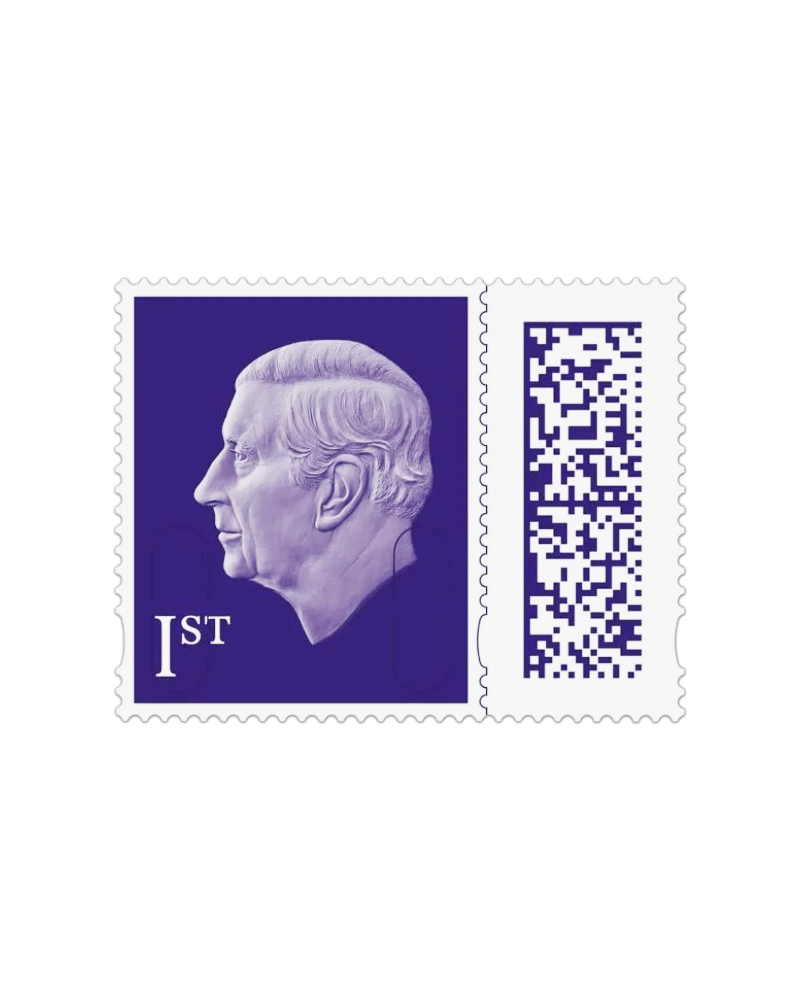 One purple Royal Mail 1st Class postage stamp, featuring a white embossed profile of King Charles facing left.