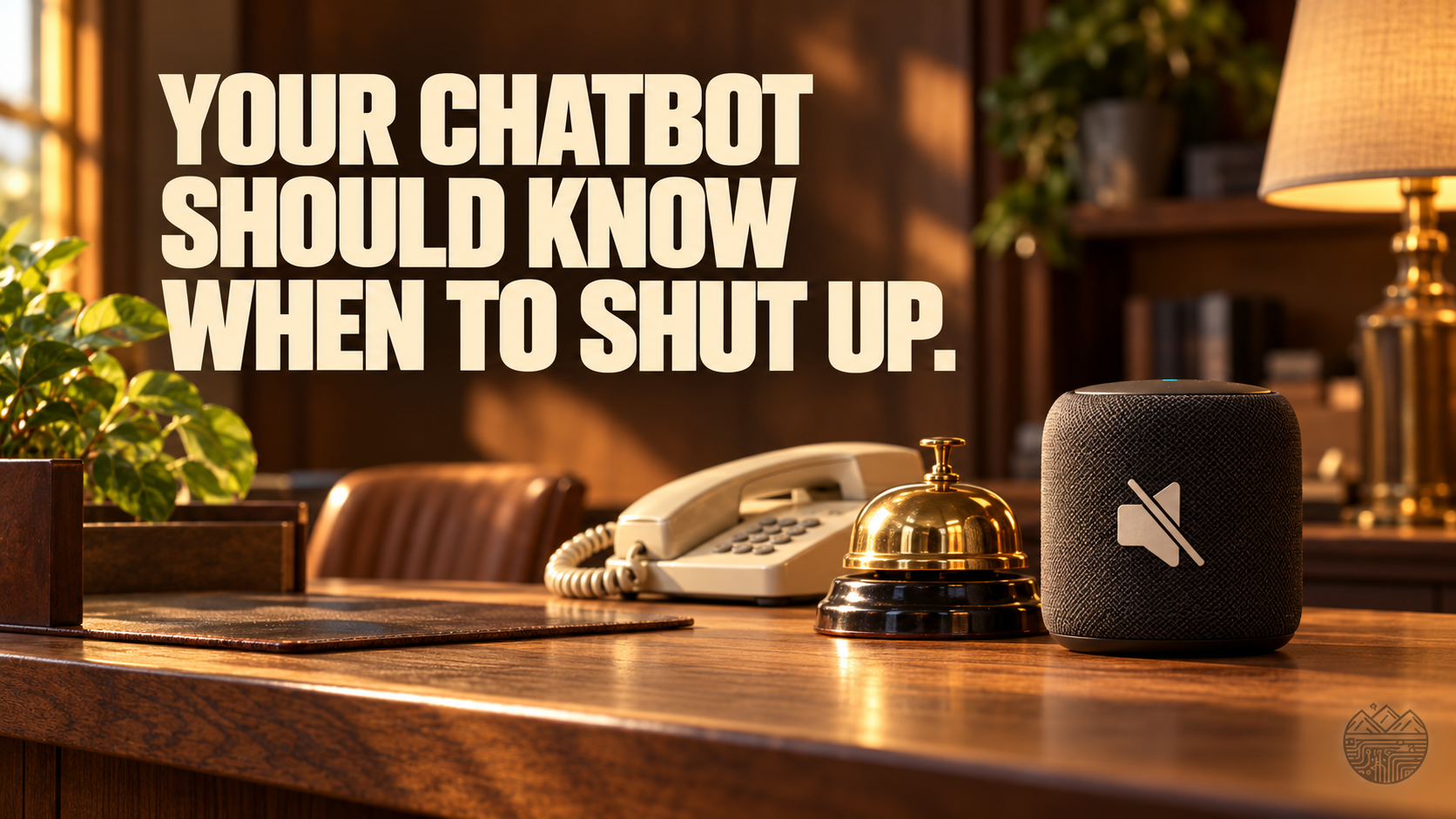 A muted speaker beside a service bell and telephone on a customer service counter. Headline: YOUR CHATBOT SHOULD KNOW WHEN TO SHUT UP. Small ValleyLogic watermark.