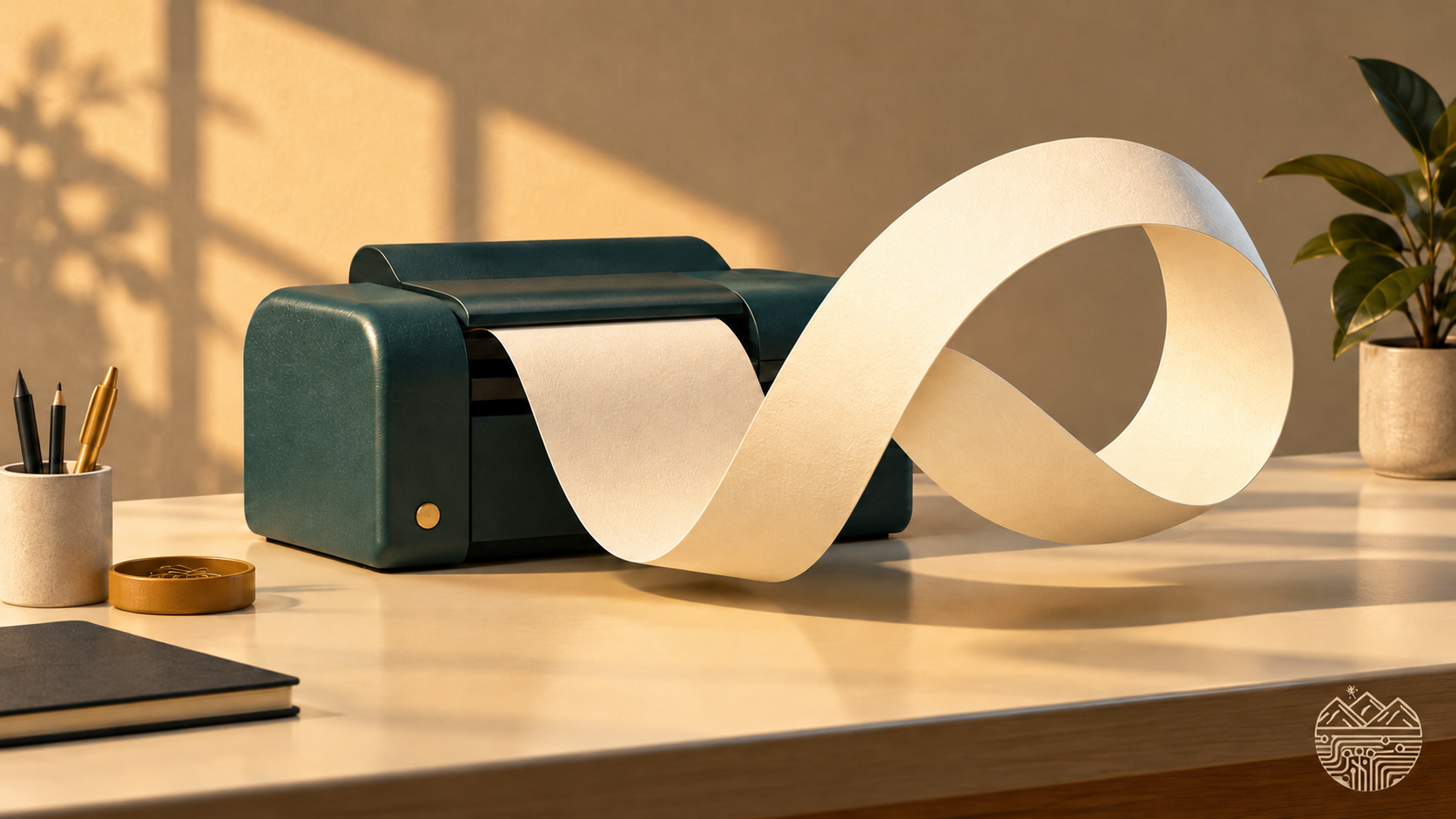 A teal printer produces an impossible paper loop, with the ValleyLogic watermark at bottom right.