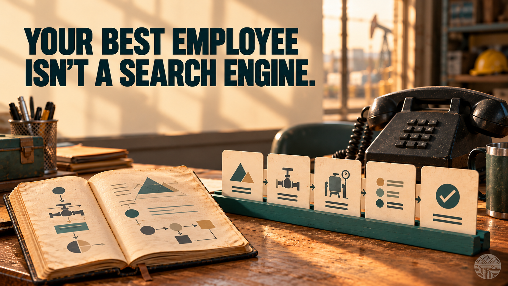 A worn notebook becomes organized instruction cards beside an office telephone. Headline: Your best employee isn’t a search engine. Small ValleyLogic watermark.