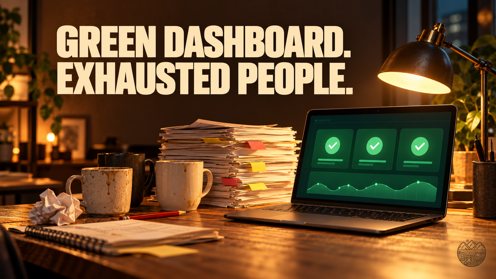 Green status display beside a large review queue and used coffee cups. Headline: GREEN DASHBOARD. EXHAUSTED PEOPLE. Small ValleyLogic watermark.