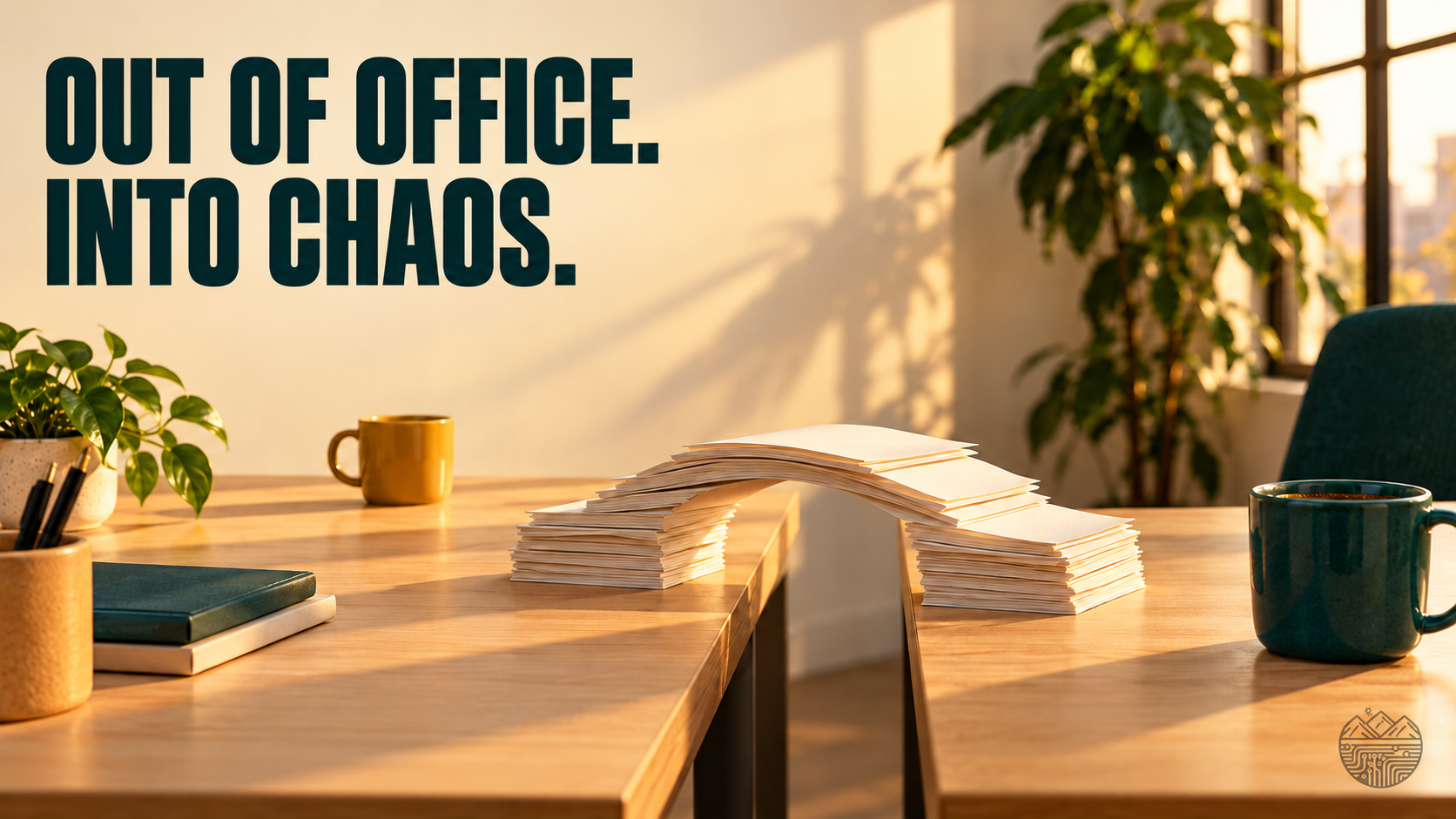 A miniature bridge built from papers connects two office desks. Bold text reads “OUT OF OFFICE. INTO CHAOS.” A subtle ValleyLogic logo sits at the lower right.
