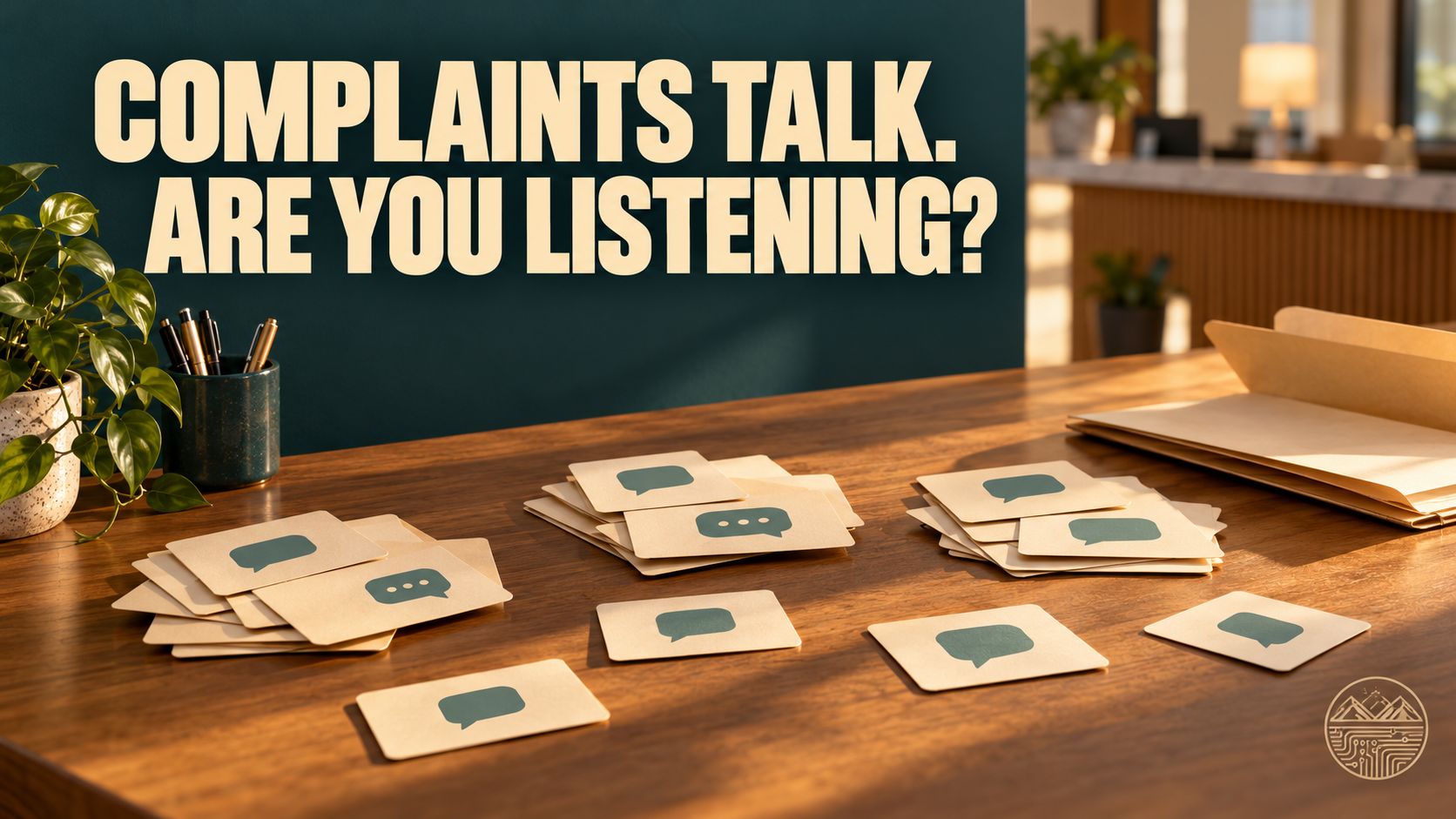 Message cards form clusters, with several cards outside the groups. Headline: Complaints talk. Are you listening? Small ValleyLogic watermark.
