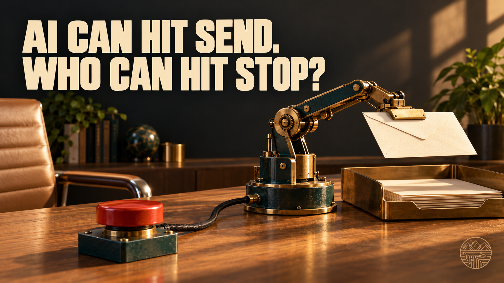 A mechanical arm holds an outgoing envelope beside a separate stop button. Headline: AI can hit Send. Who can hit Stop? Small ValleyLogic watermark.