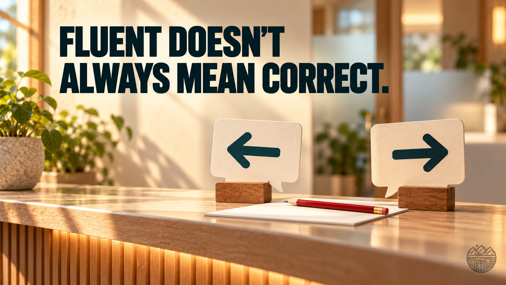 Two speech-bubble signs point in opposite directions on a reception counter. Headline: FLUENT DOESN’T ALWAYS MEAN CORRECT. Small ValleyLogic watermark.