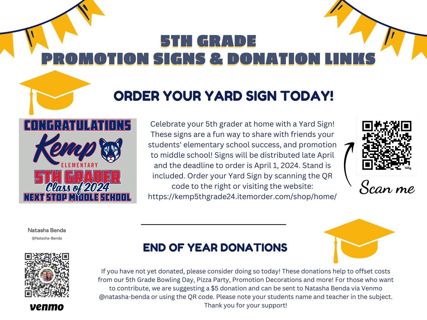 📣📣📣 5th Grade Parents! Your student is in the homestretch of their Kemp Elementary School  journey and we will be celebrating their promotion to middle school in a few short months! 🎓🤗😭

Celebratory Yard Signs 🪧 are now able to be purchased an