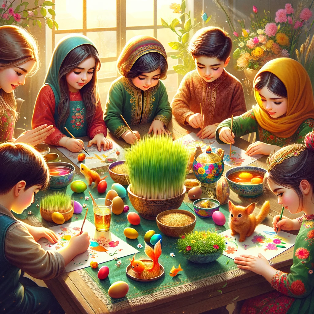 DALL·E 2024-02-28 10.27.39 - Create a heartwarming image of Nowruz, the Persian New Year, with a focus on celebration and family. The picture should depict a group of children of .png