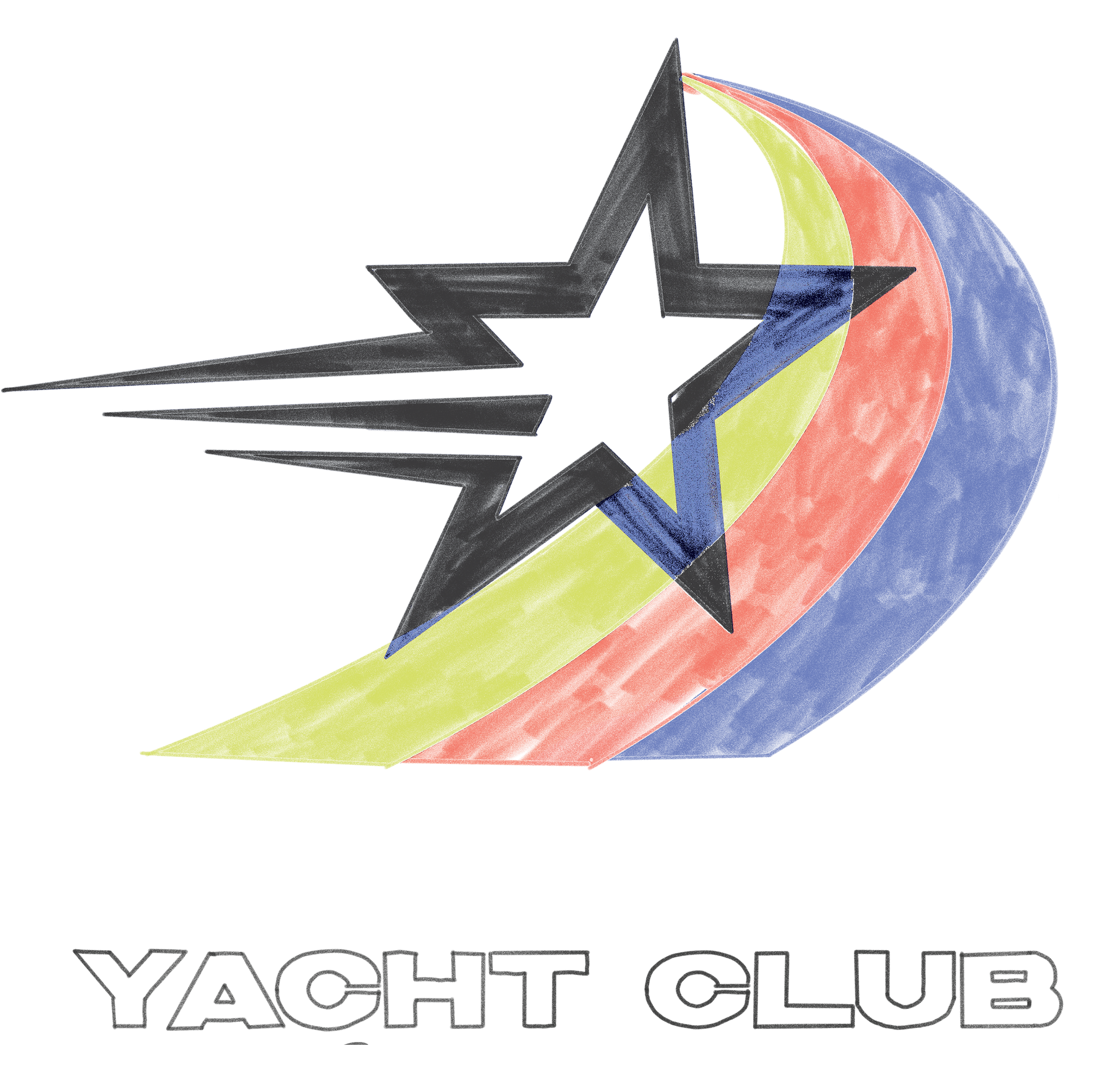 A stylized black star with white accents, set against a rainbow-colored background, with black text below reading "YAMW".