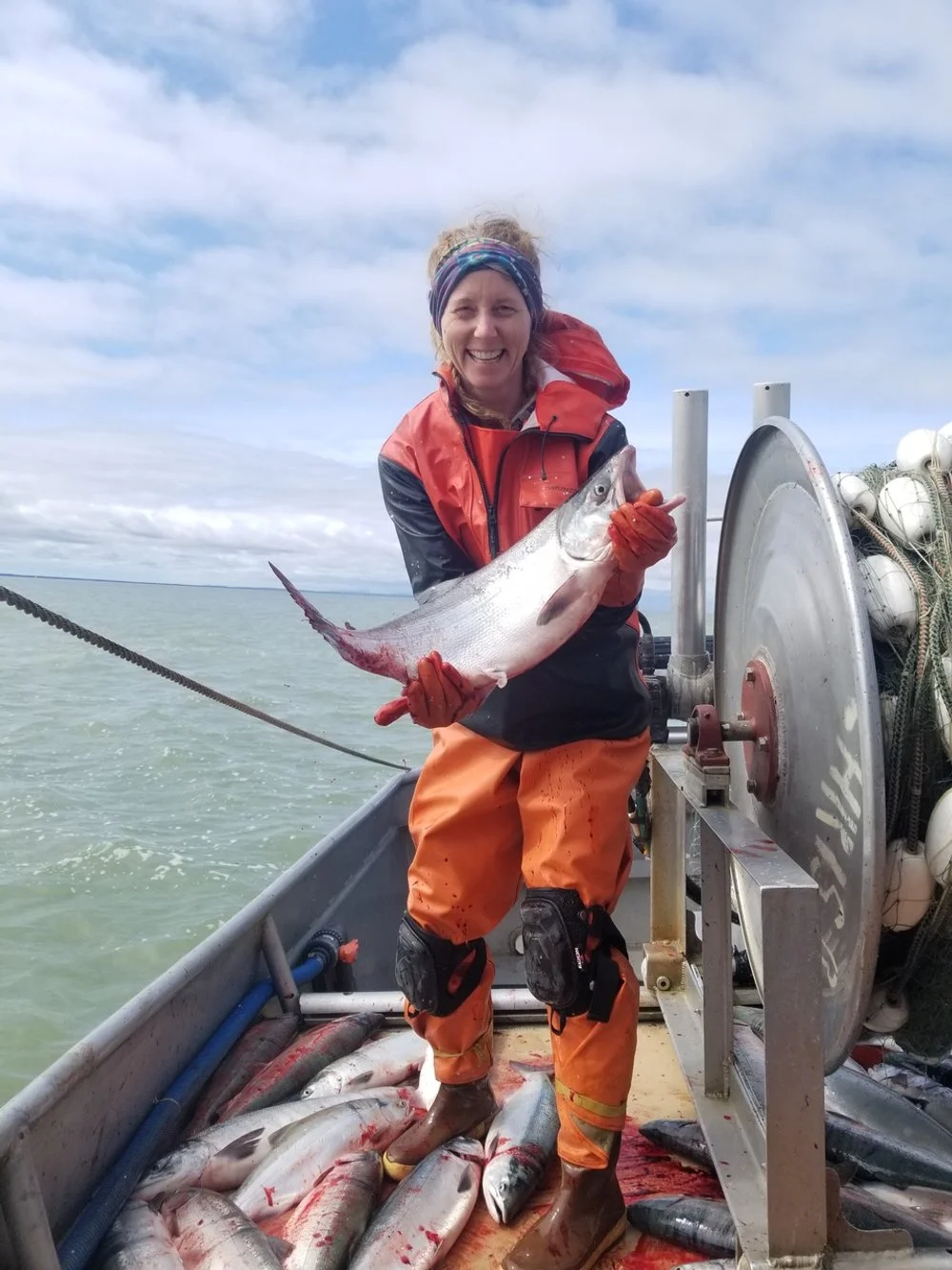  A crew member from Maine, Tammi Matula, with one (giant!) sockeye 