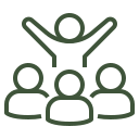 A stick figure standing on a platform with arms raised, surrounded by four smaller figures.