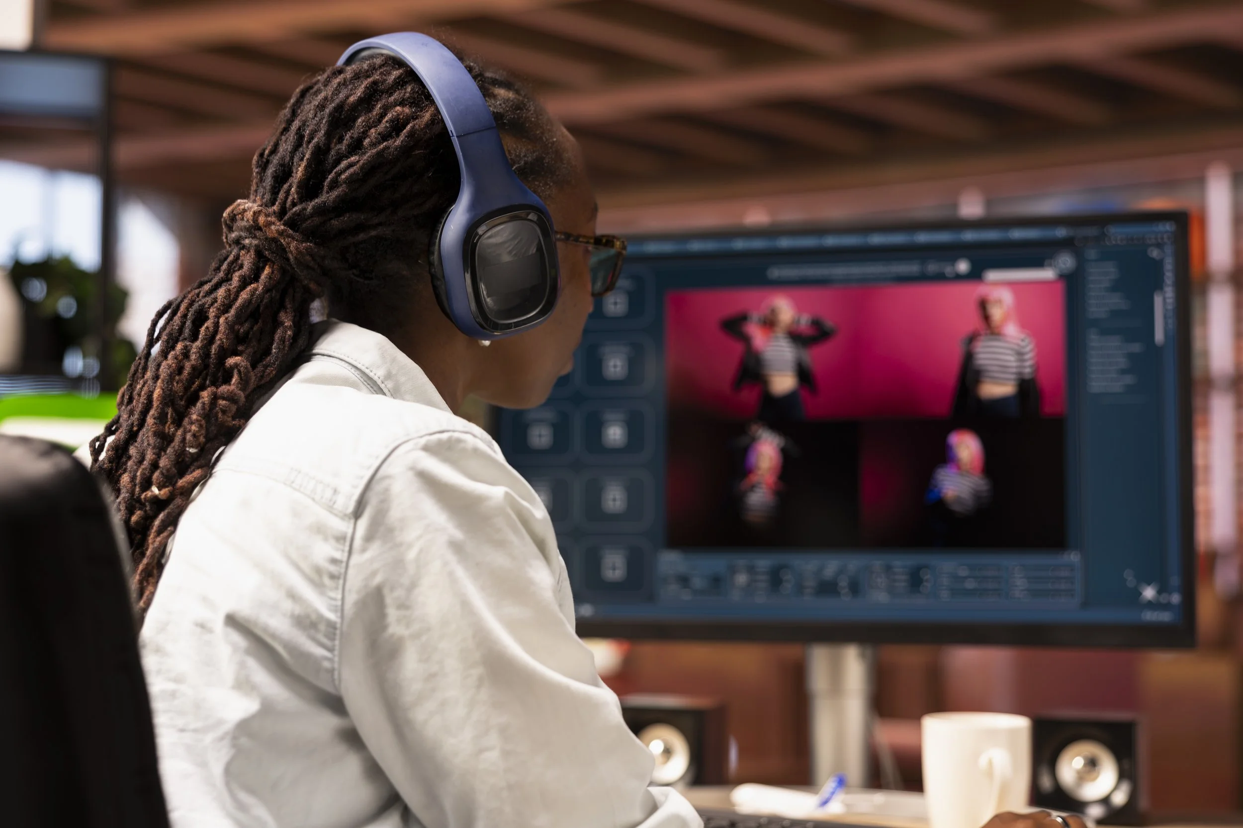 A person with dreadlocks wearing large headphones and glasses, working on photo editing on a computer screen showing images of a woman with pink hair and a striped shirt.