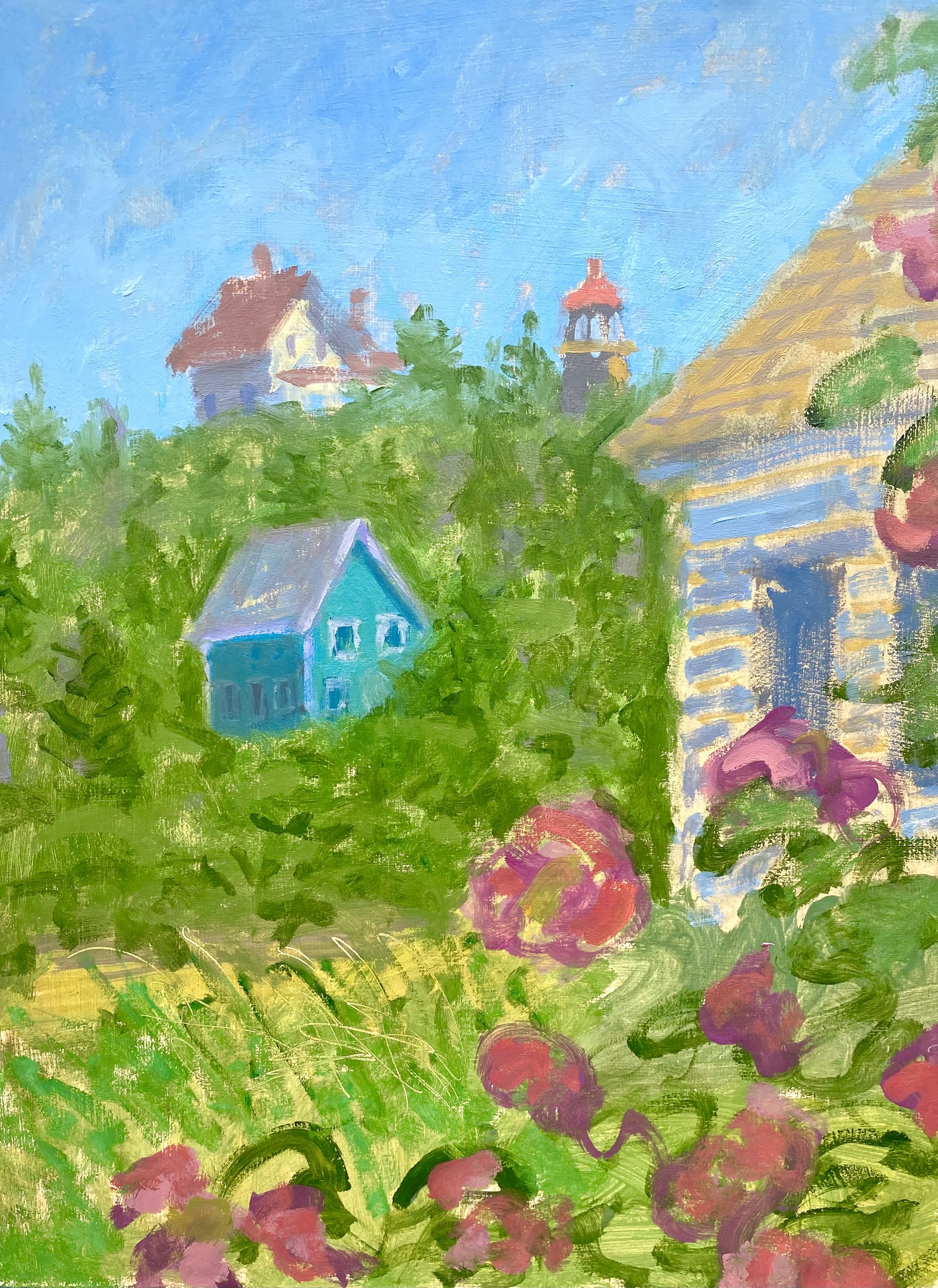 Rooftops & Roses, oil on panel, 12" x 16", 2025