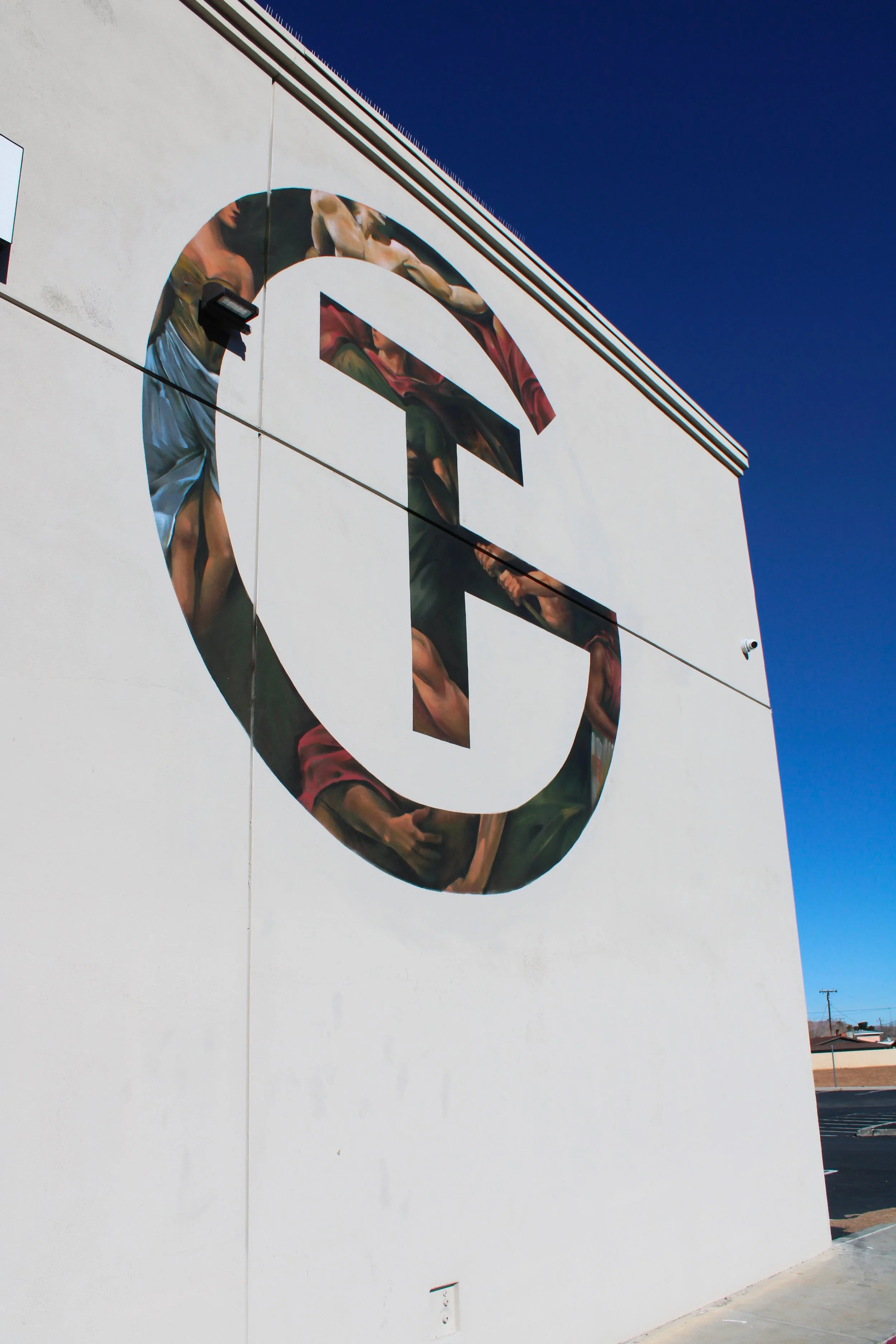 Large-scale 20ft outdoor bodybuilding mural painted for The Gym in Southern California by mural artist Pezer97