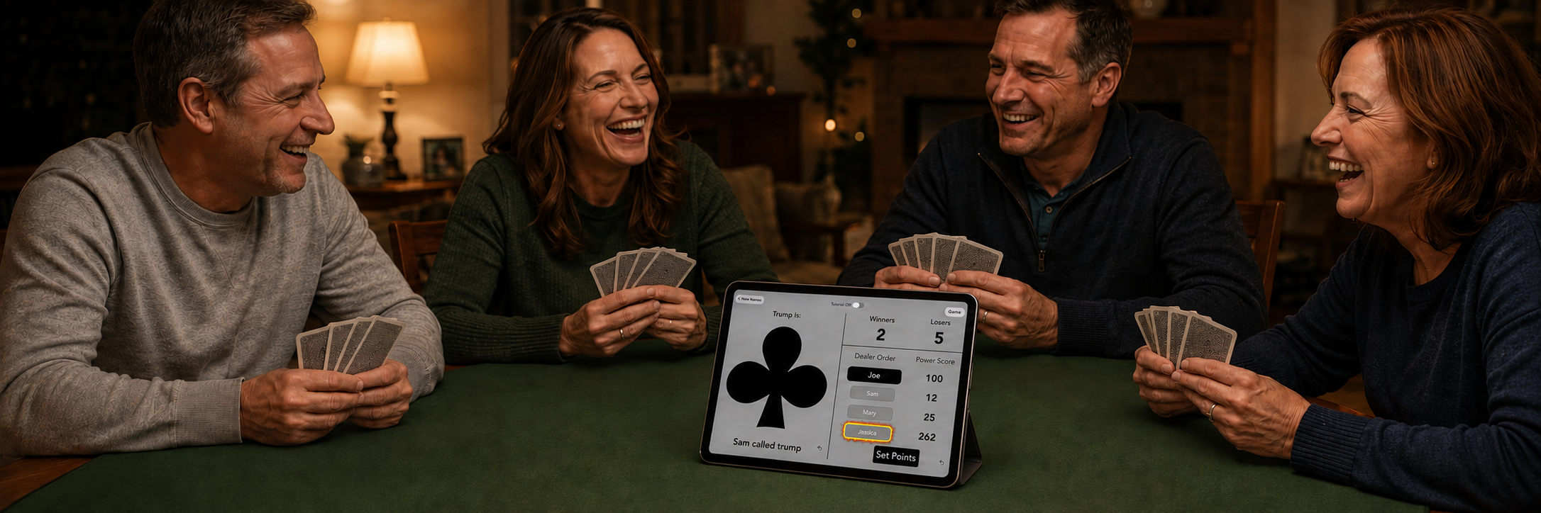 Friends playing Euchre around a table while using the What's Trump? scorekeeping app