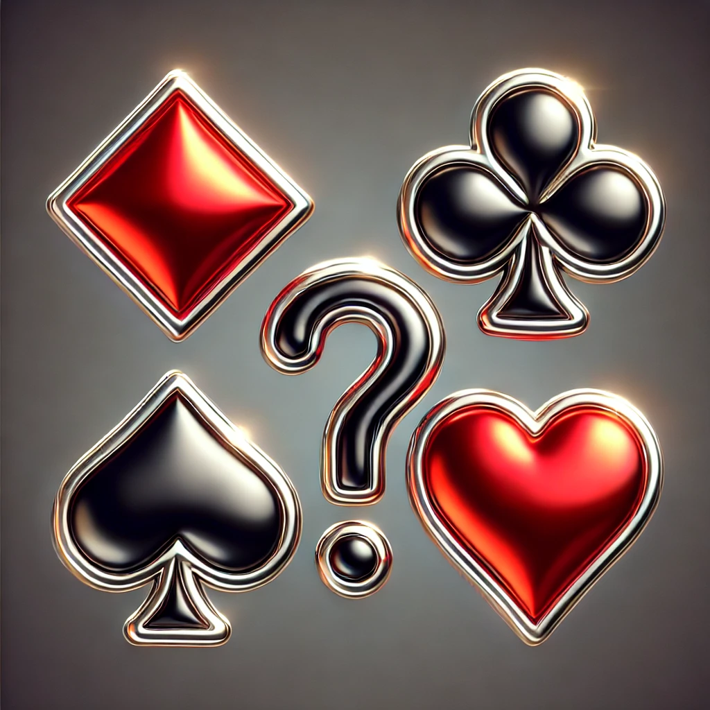 A cluster of shiny, metallic casino card suit symbols including a red diamond, a black spade, a black club, and a red heart, with a central question mark.
