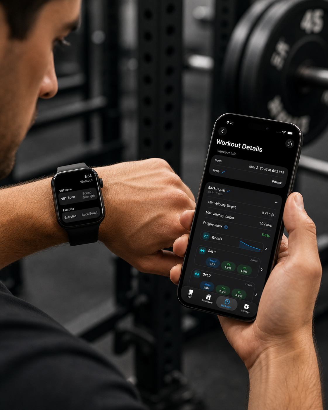 Athlete reviewing velocity-based strength training data on iPhone and Apple Watch in a gym